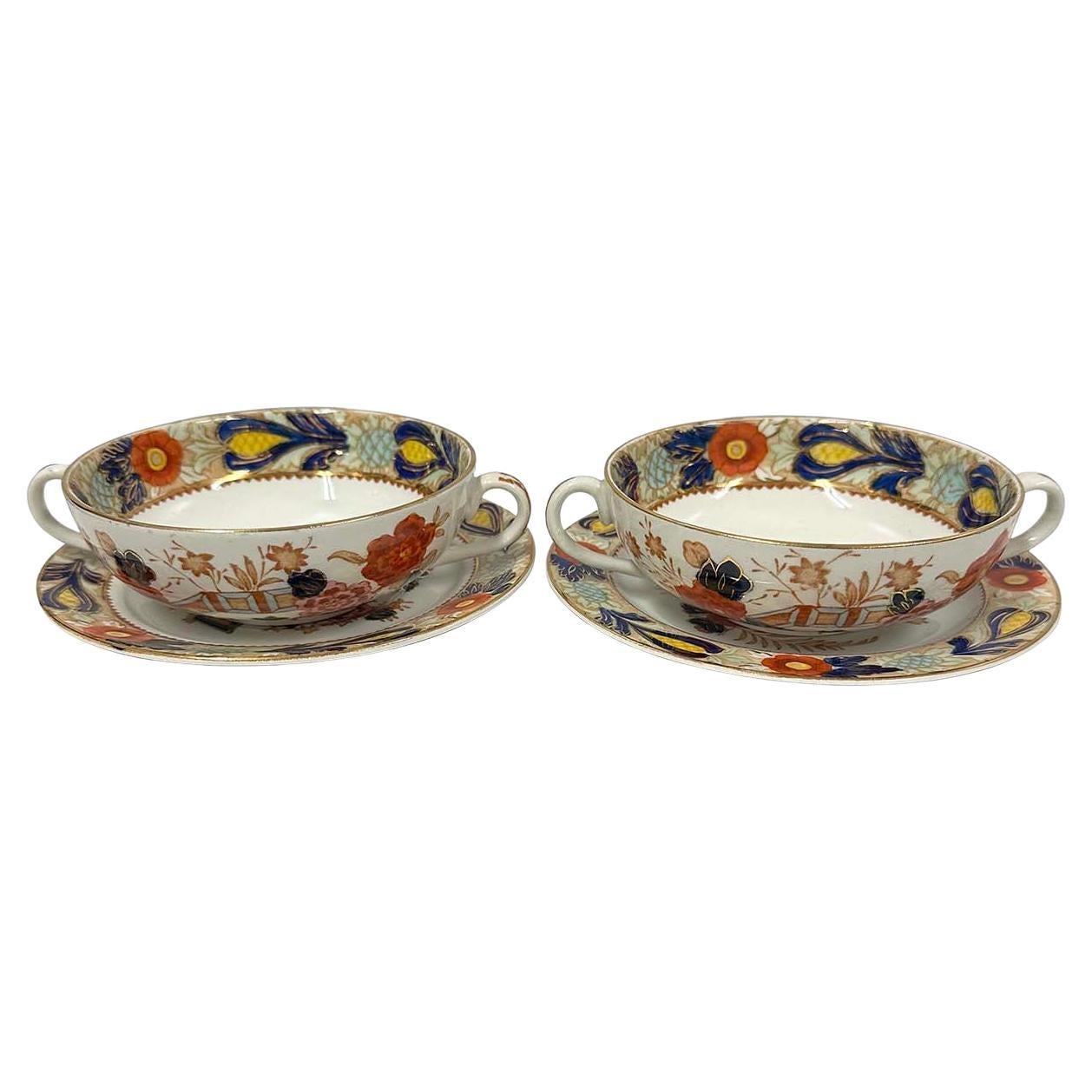 Antique Woods Ware Wincanton Blue and Rust Flat Cream Soup Bowl & Saucer Set