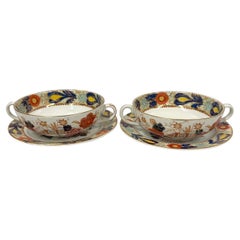 Antique Woods Ware Wincanton Blue and Rust Flat Cream Soup Bowl & Saucer Set