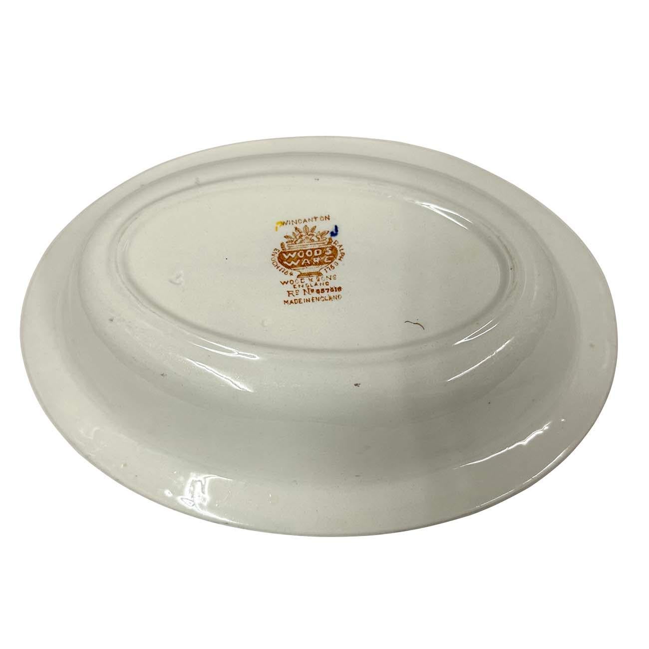 XIX secolo Antica ciotola ovale per verdure e piatti da portata Wood Ware Wincanton blu e ruggine in vendita