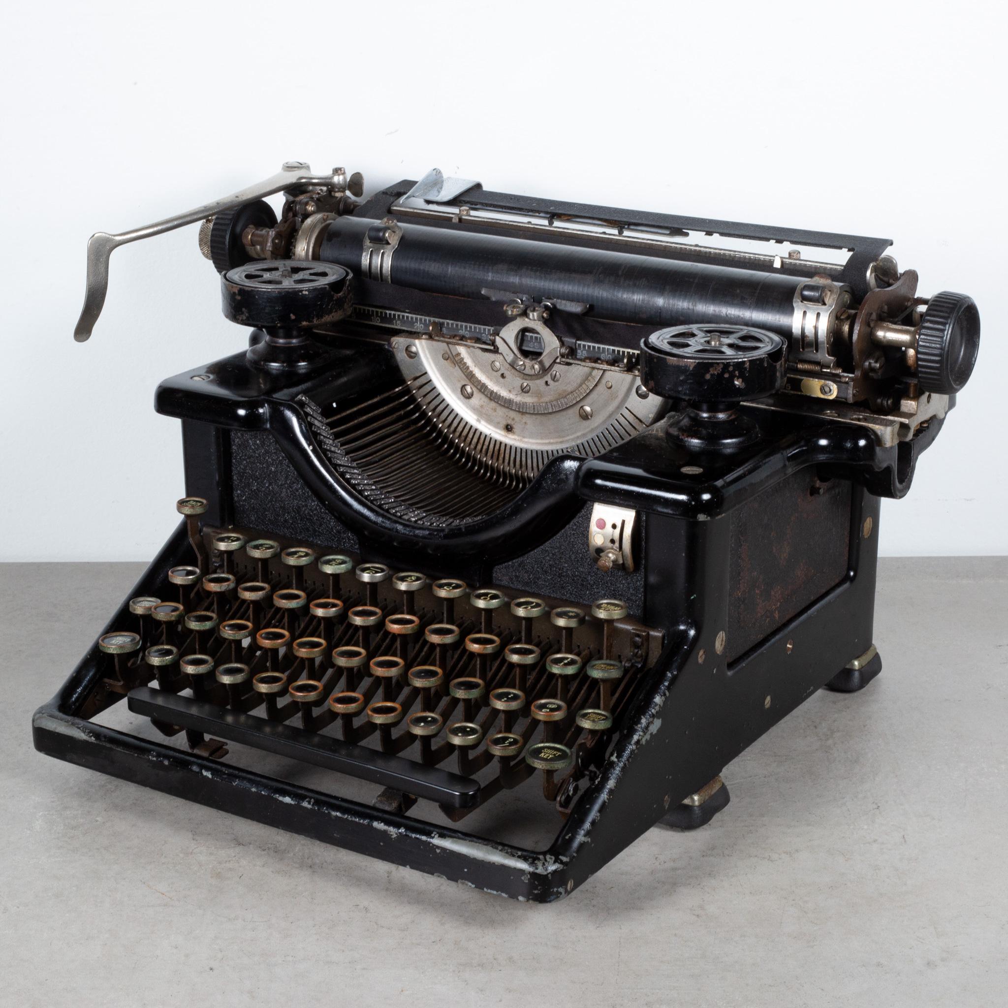 ABOUT

An antique Woodstock teaching typewriter with a 16 inch carriage. The letter keys are all left blank for memorization and teaching purposes. The keys are nickel with black with white numbers. Four rows of keys. Original gold decals on the