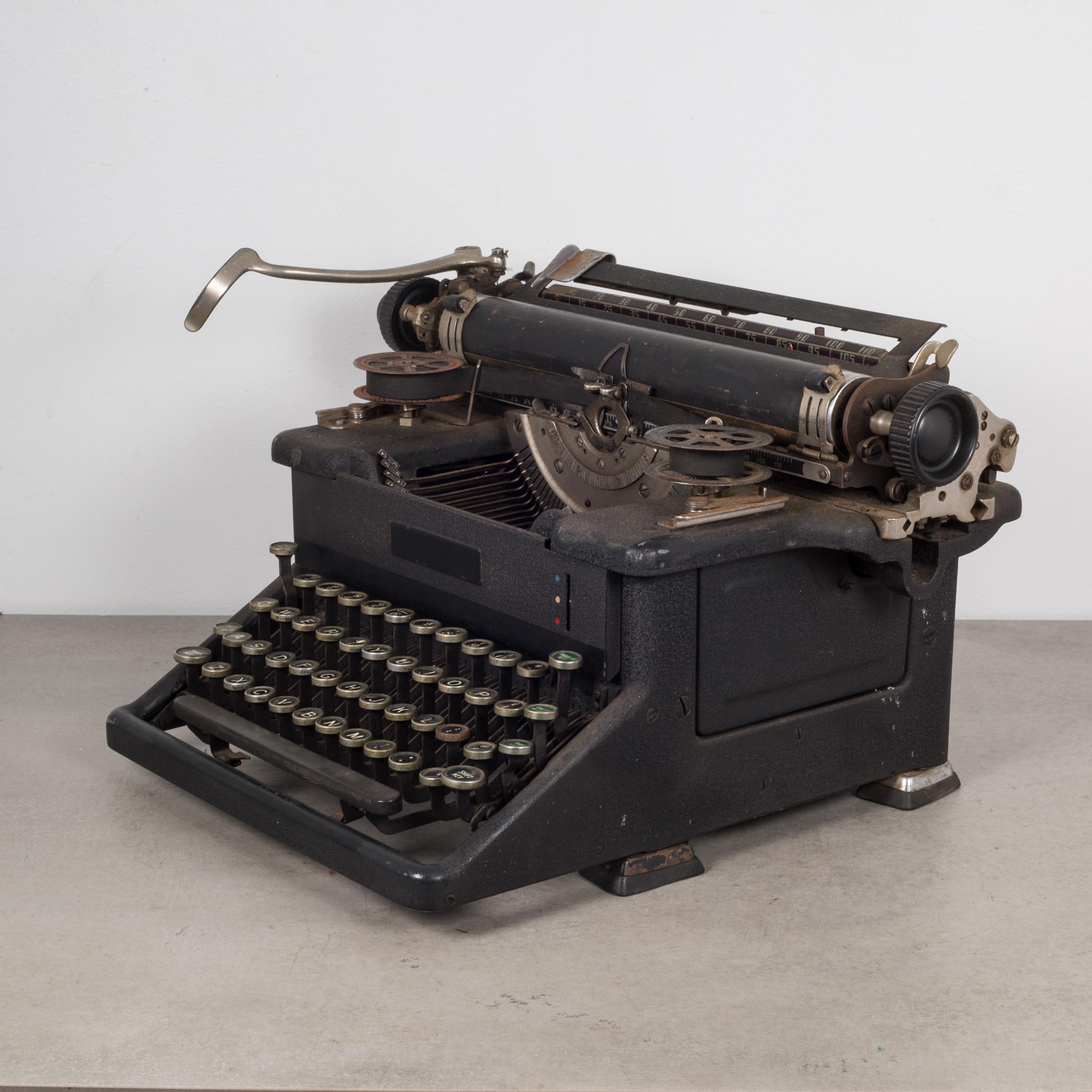 About

An antique distressed Woodstock typewriter #5 with a 16 inch carriage. The keys are black and green numbers with four rows of keys. The carriage slides smoothly from side to side.

 Creator: Woodstock Typewriter Company.
 Date of