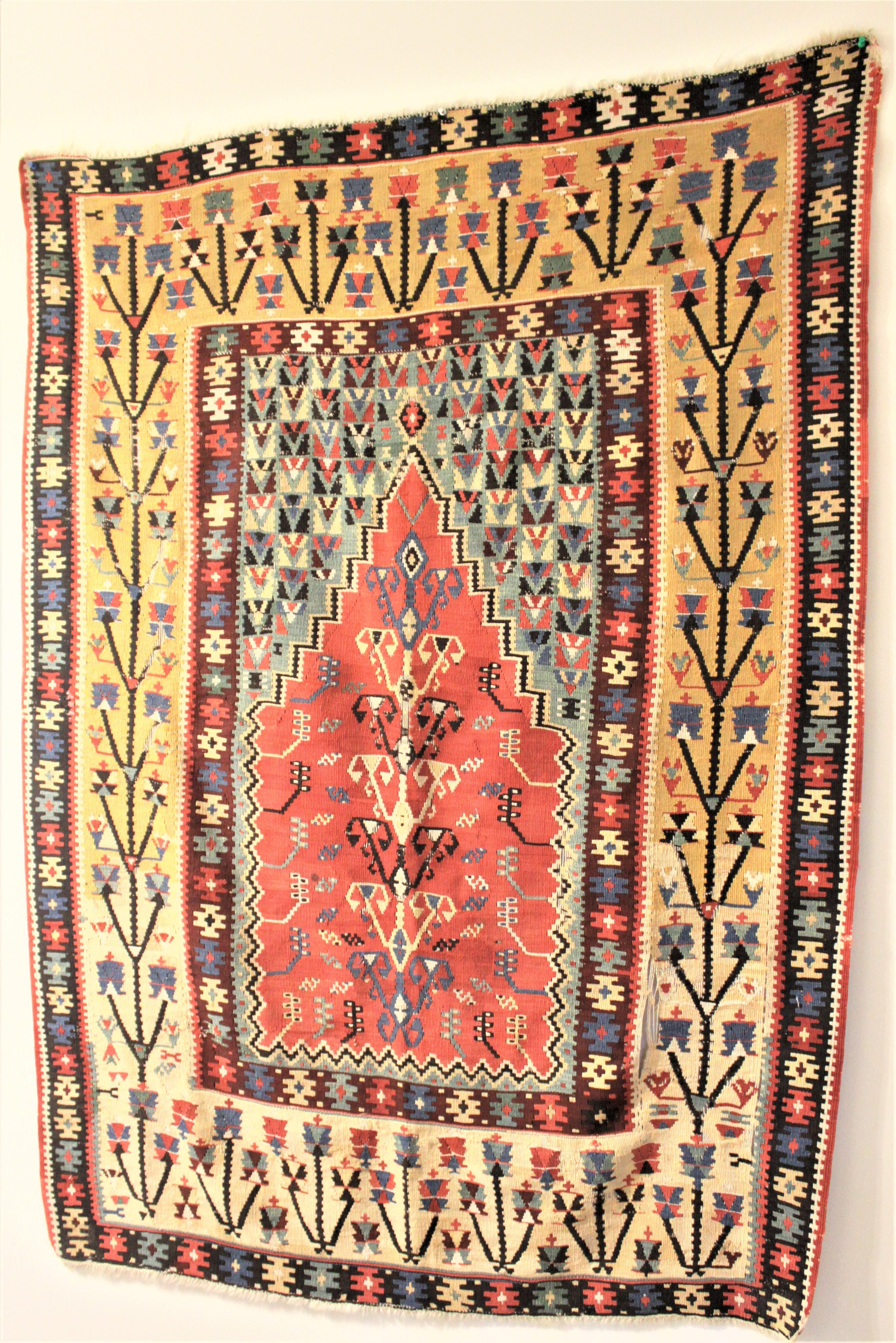 Antiker Flach gewebter türkischer Gebetsteppich oder Wandteppich aus Wolle (Islamisch) im Angebot