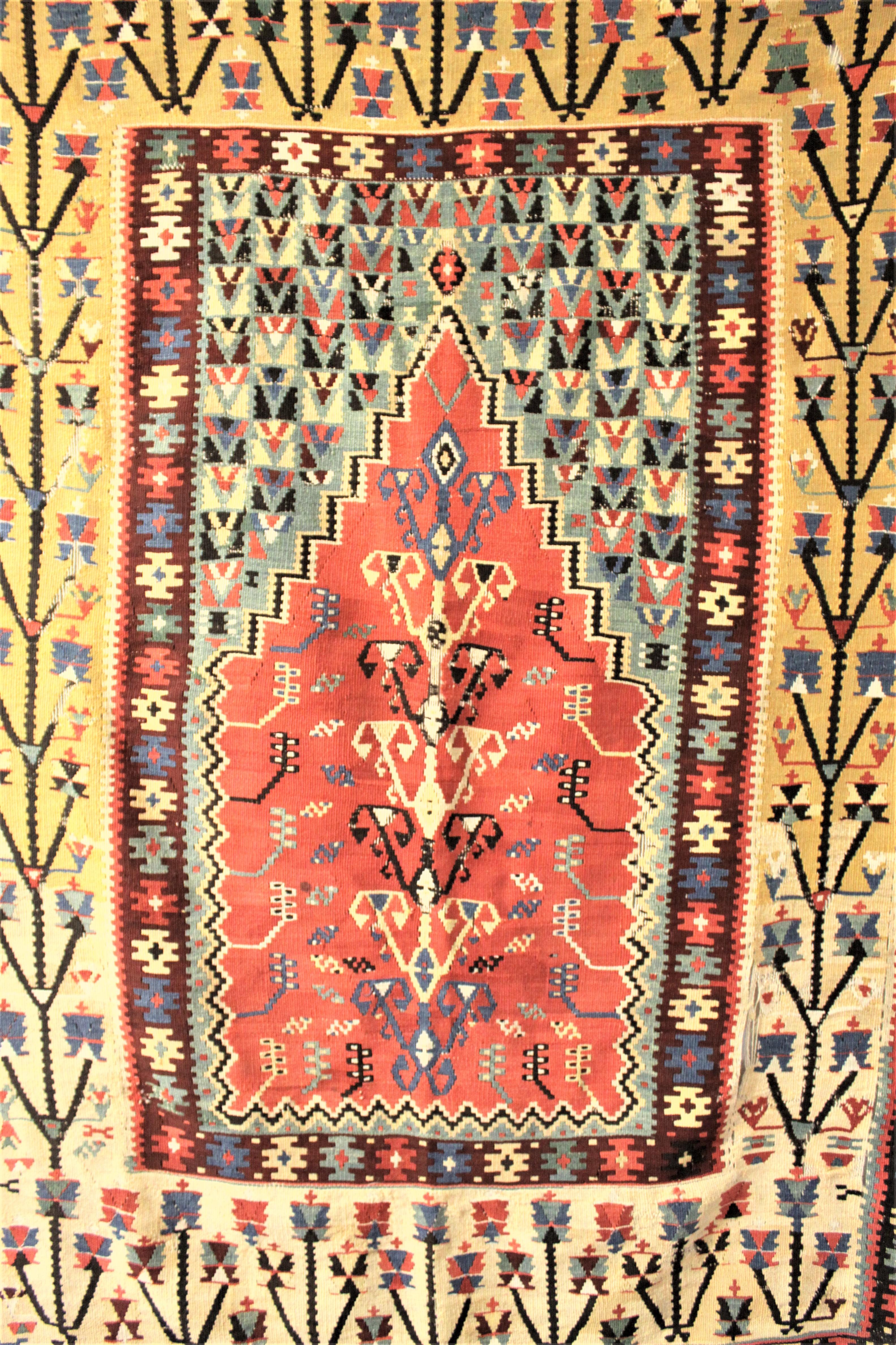 Antiker Flach gewebter türkischer Gebetsteppich oder Wandteppich aus Wolle (Handgeknüpft) im Angebot