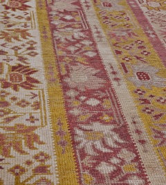 Antique Wool Floral Columns in Ivory, Yellow, and Raspberry-Red Turkish Runner