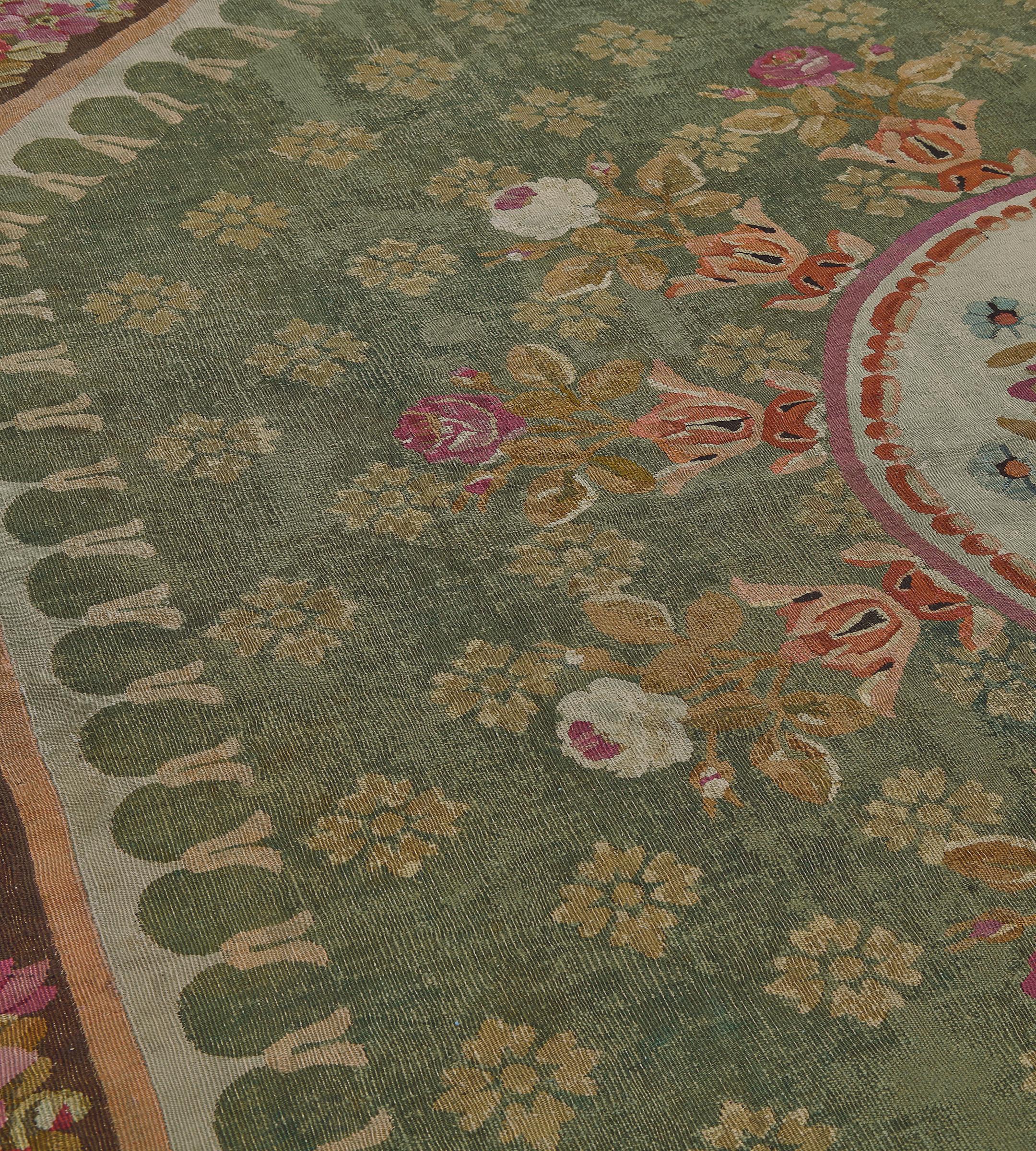 Hand-Knotted Antique Wool Green Floral Handmade French Aubusson Rug For Sale