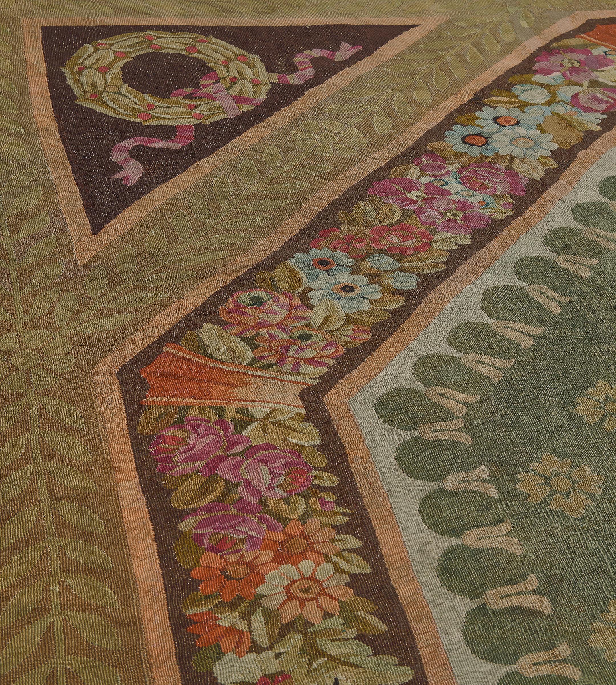 Antique Wool Green Floral Handmade French Aubusson Rug In Good Condition For Sale In West Hollywood, CA
