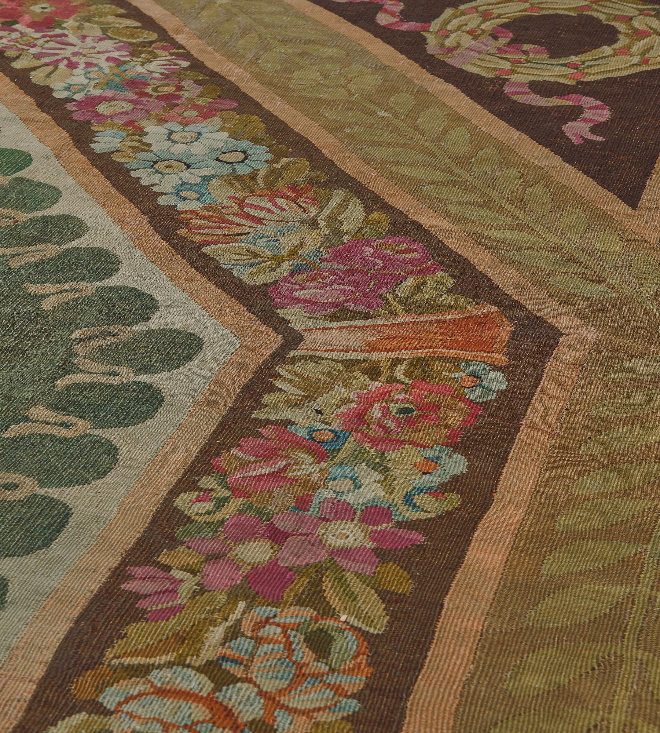19th Century Antique Wool Green Floral Handmade French Aubusson Rug For Sale
