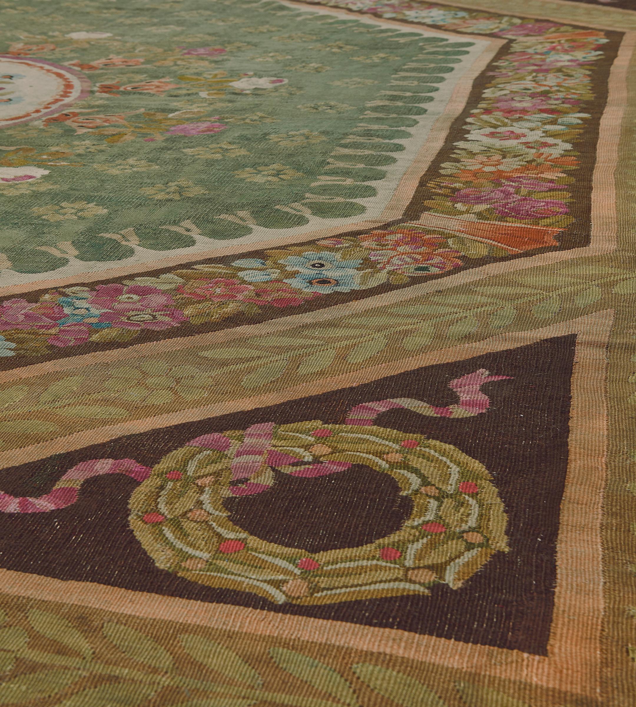 Antique Wool Green Floral Handmade French Aubusson Rug For Sale 1