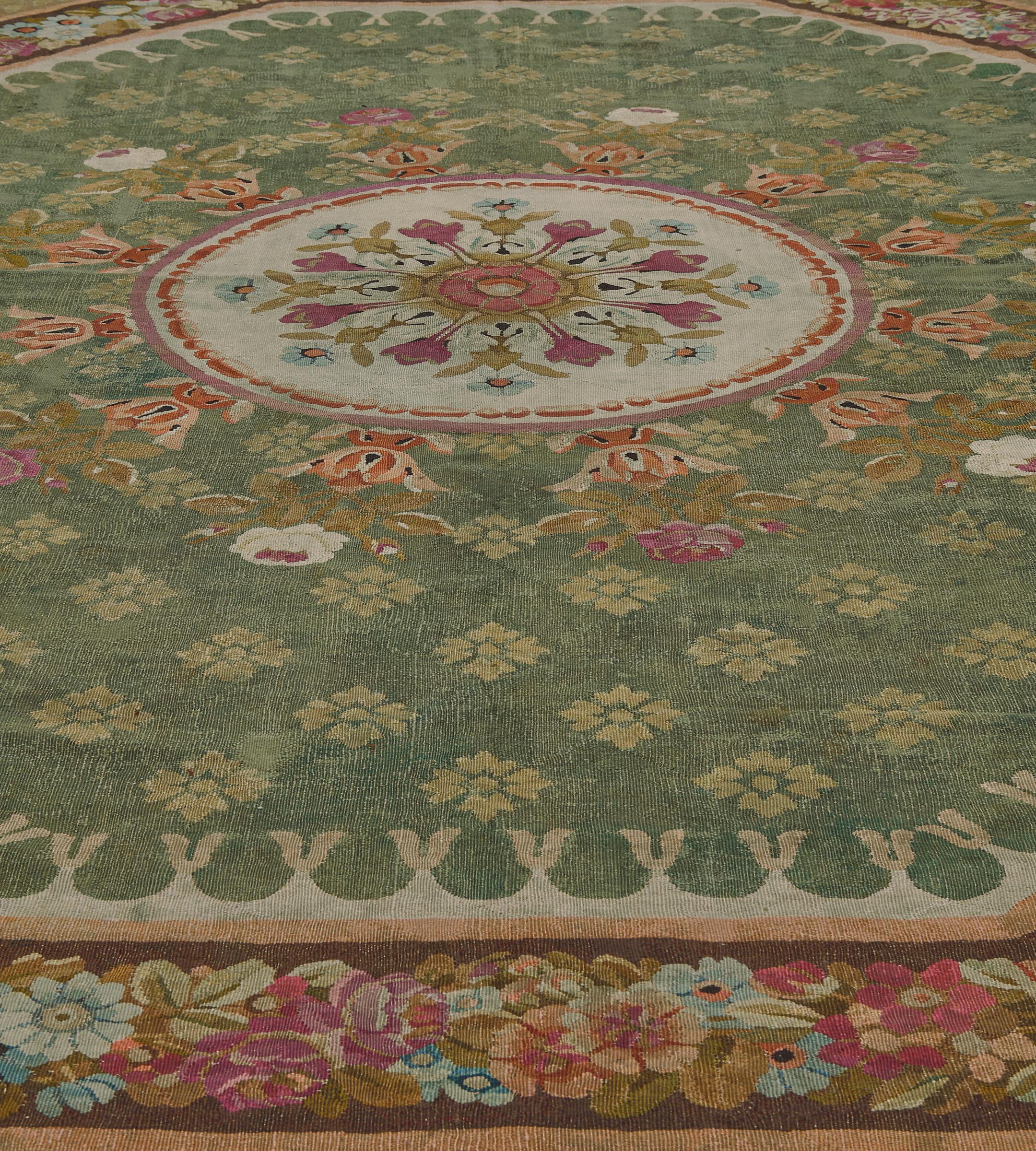 Antique Wool Green Floral Handmade French Aubusson Rug For Sale 2