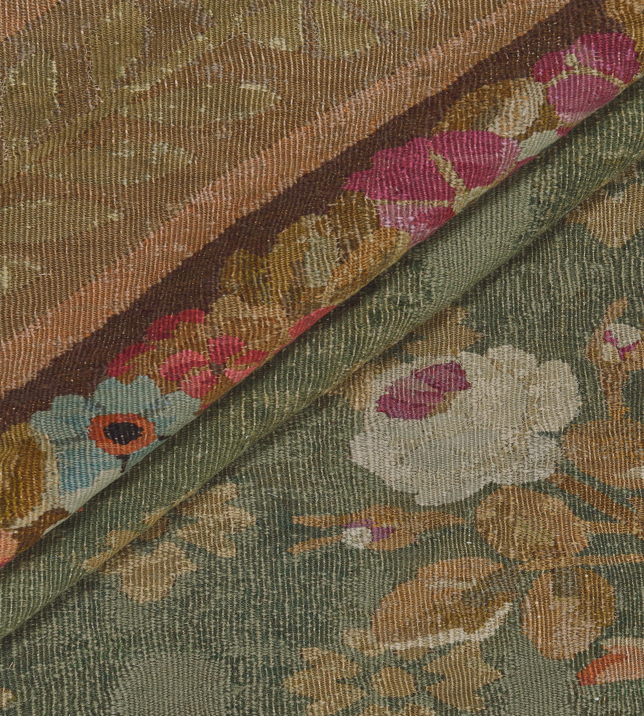Antique Wool Green Floral Handmade French Aubusson Rug For Sale 3