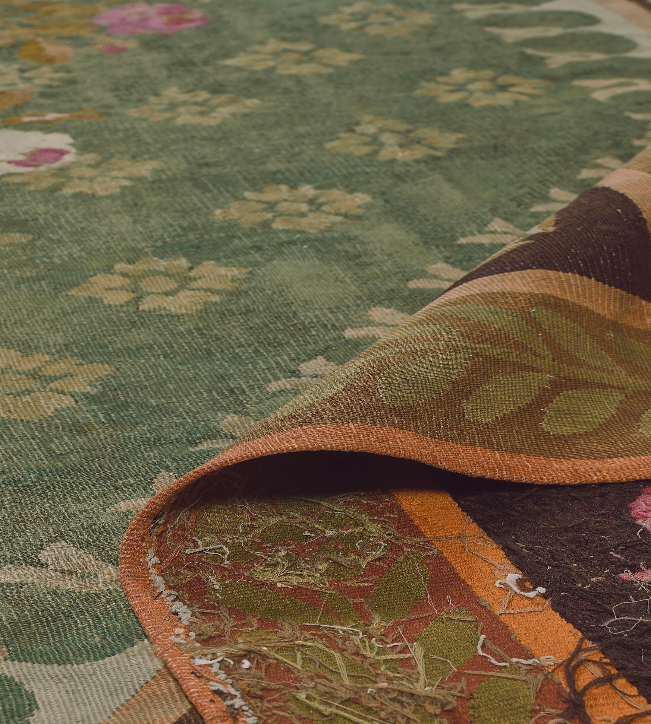 Antique Wool Green Floral Handmade French Aubusson Rug For Sale 4