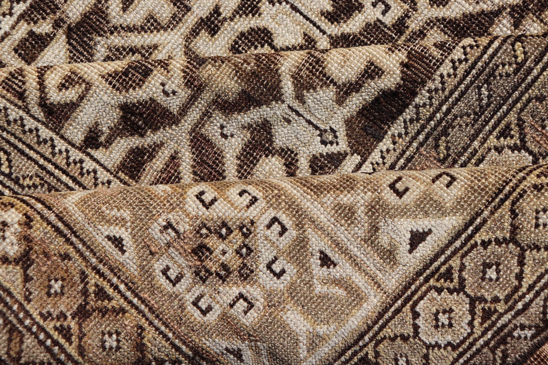 Antique Wool Hand Knotted Caucasian Kazak Rug in Dark Brown Background For Sale 5