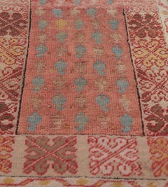 Antique Wool Hand-Woven Coral-Red and Light-Blue Boteh Oushak Runner