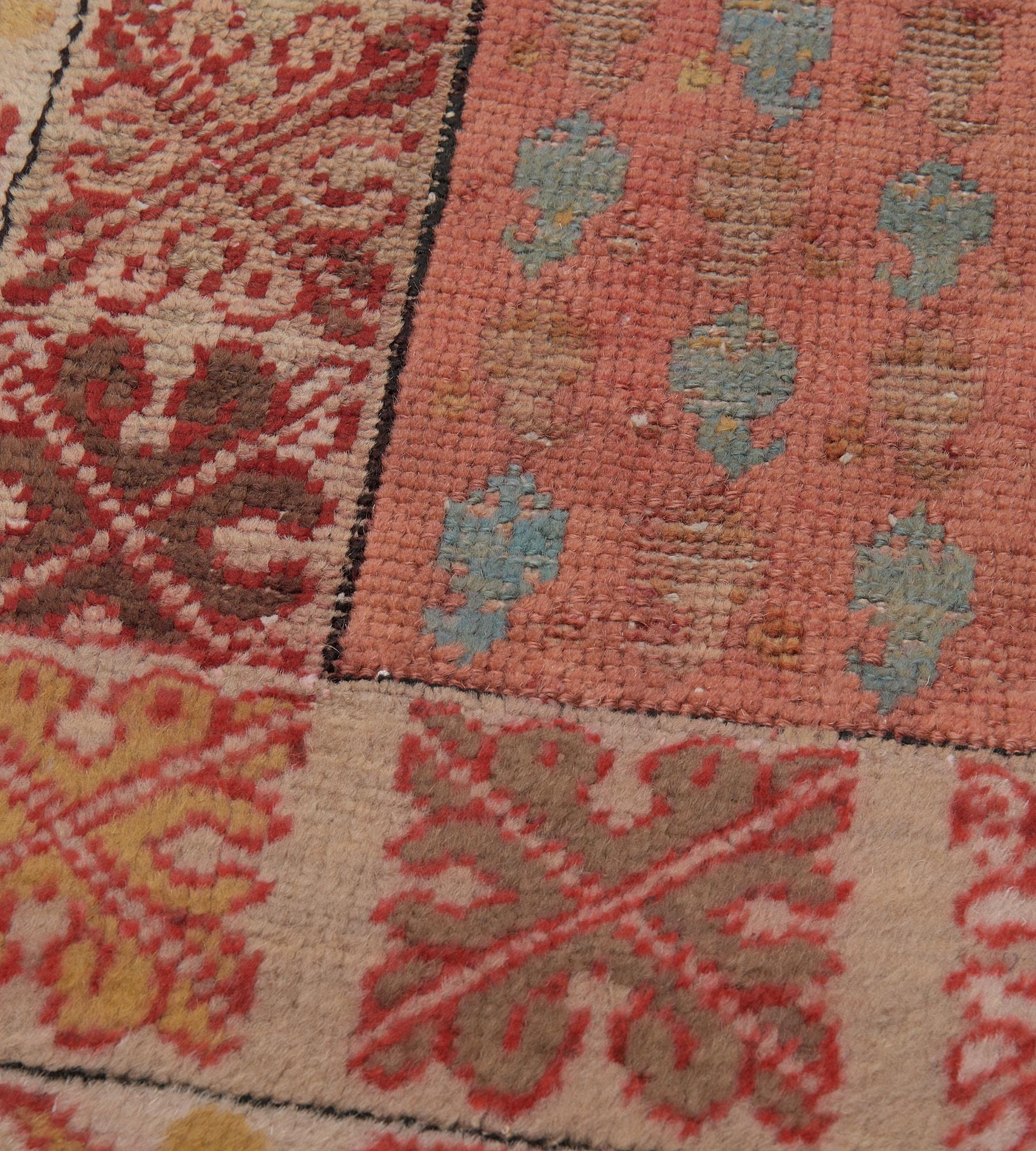 Turkish Antique Wool Hand-Woven Coral-Red and Light-Blue Boteh Oushak Runner For Sale
