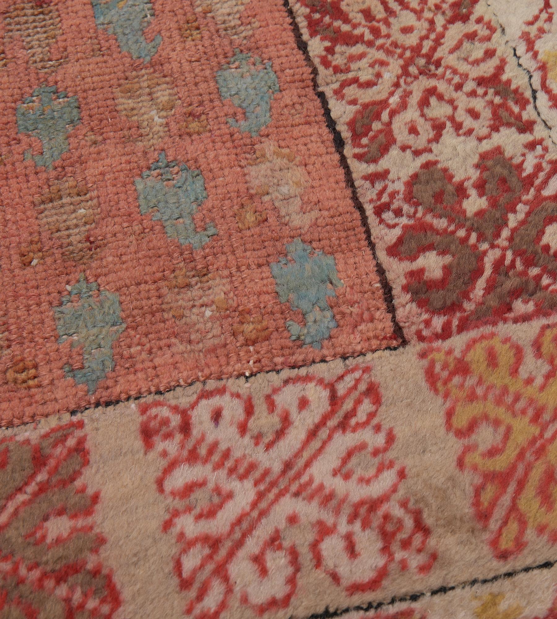 Antique Wool Hand-Woven Coral-Red and Light-Blue Boteh Oushak Runner In Good Condition For Sale In West Hollywood, CA