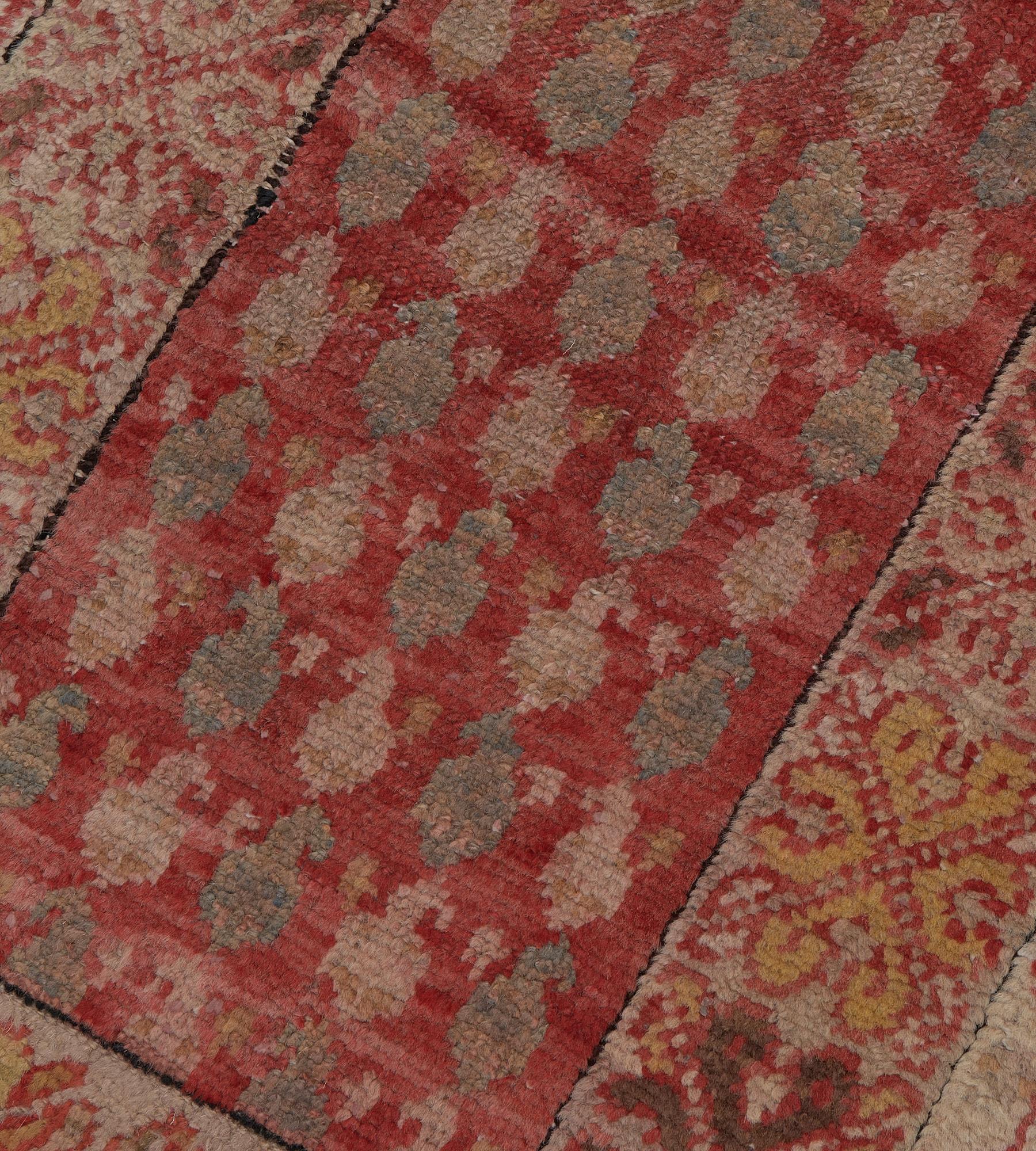 19th Century Antique Wool Hand-Woven Coral-Red and Light-Blue Boteh Oushak Runner For Sale