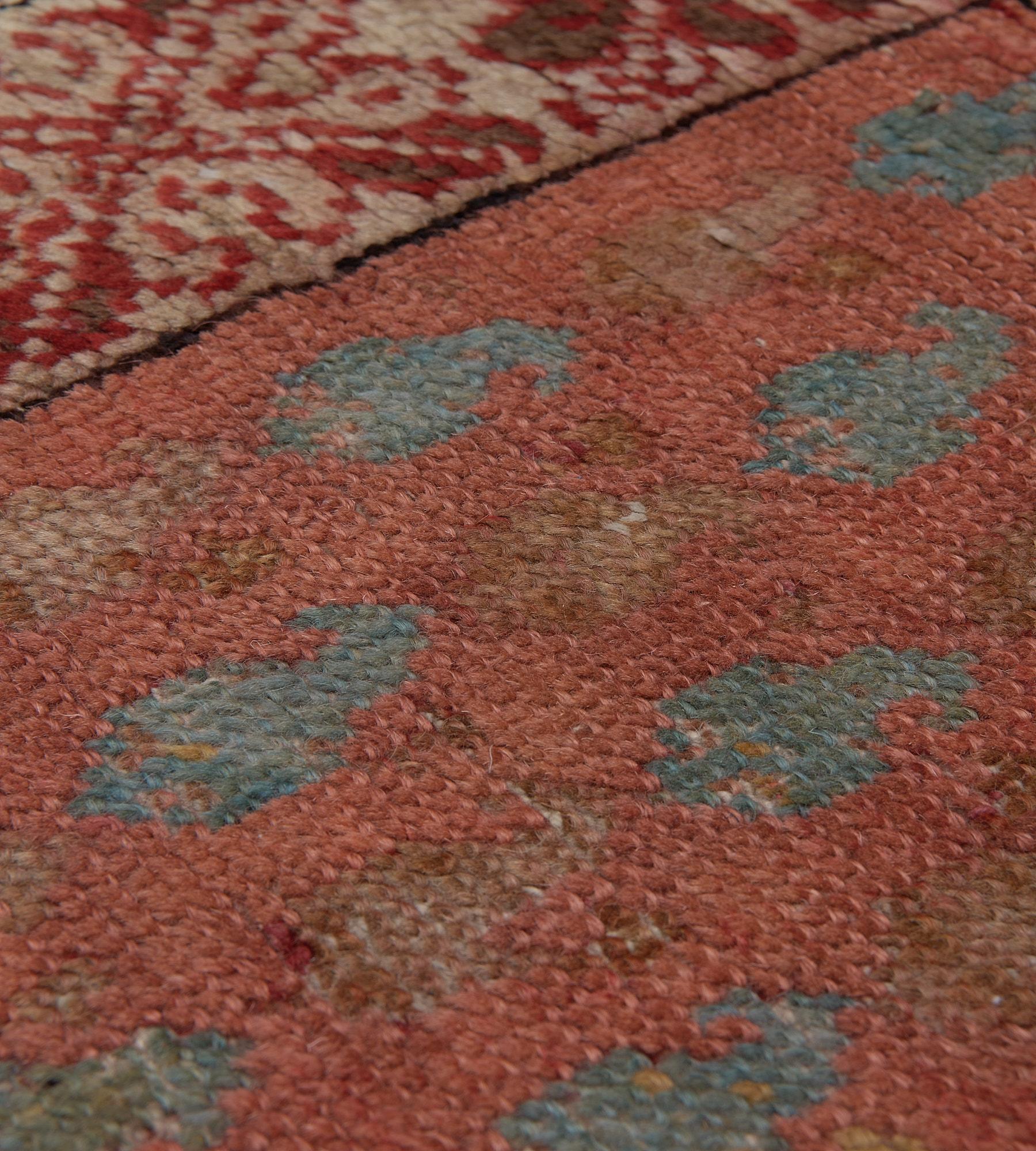 Antique Wool Hand-Woven Coral-Red and Light-Blue Boteh Oushak Runner For Sale 1