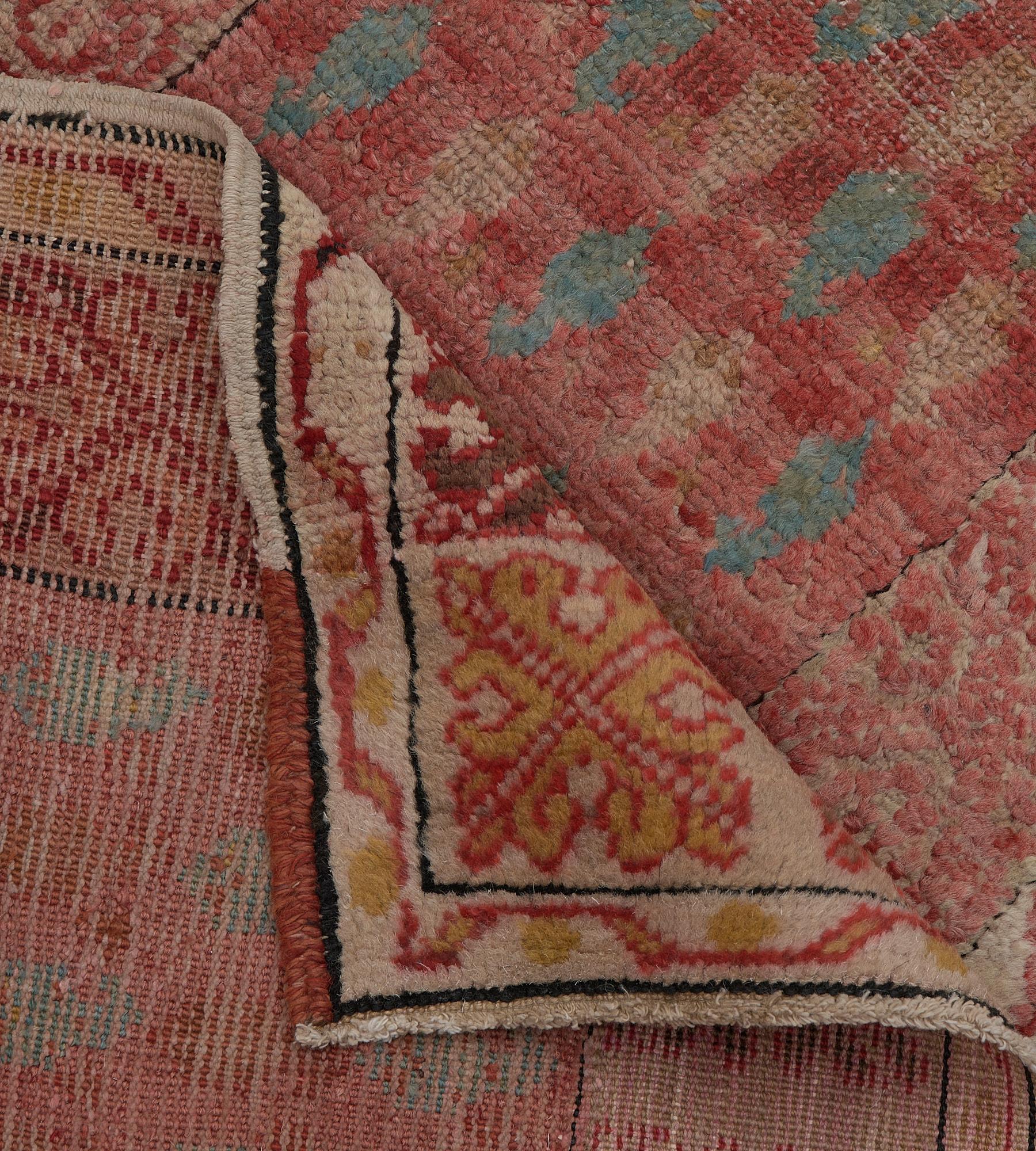 Antique Wool Hand-Woven Coral-Red and Light-Blue Boteh Oushak Runner For Sale 2