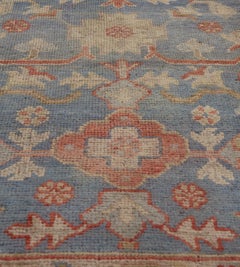 Antique Wool Hand-woven Sky-Blue Floral Oushak Runner