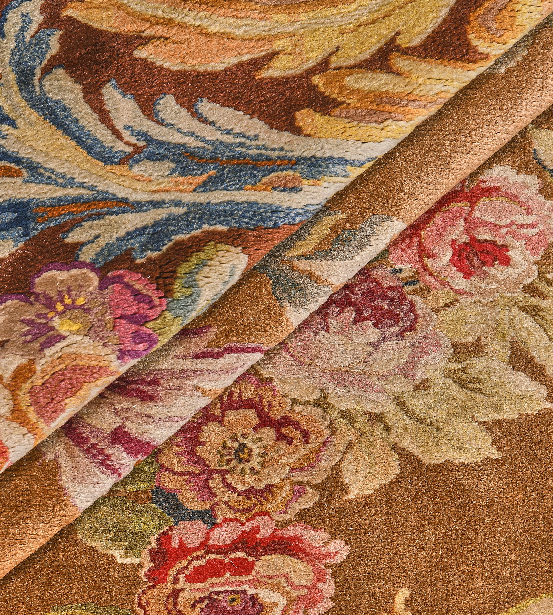 Antique Wool Handmade Floral Golden-Brown French Savonnerie Rug For Sale 5