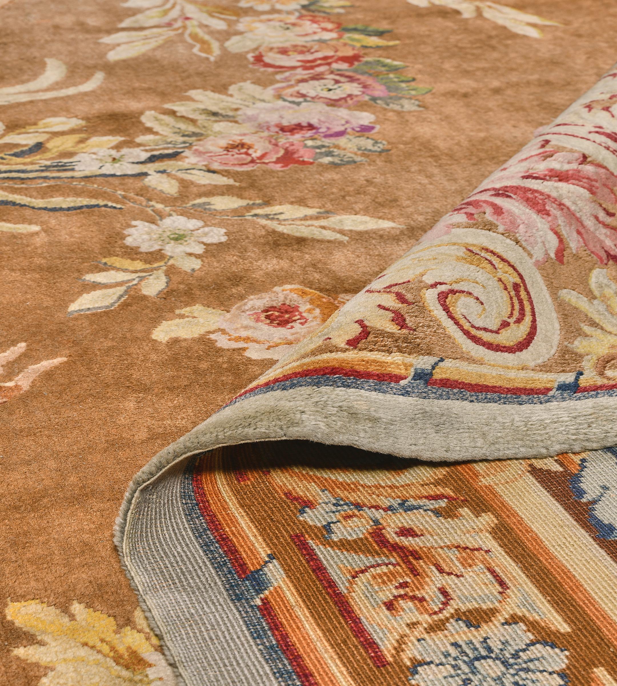 Antique Wool Handmade Floral Golden-Brown French Savonnerie Rug For Sale 6