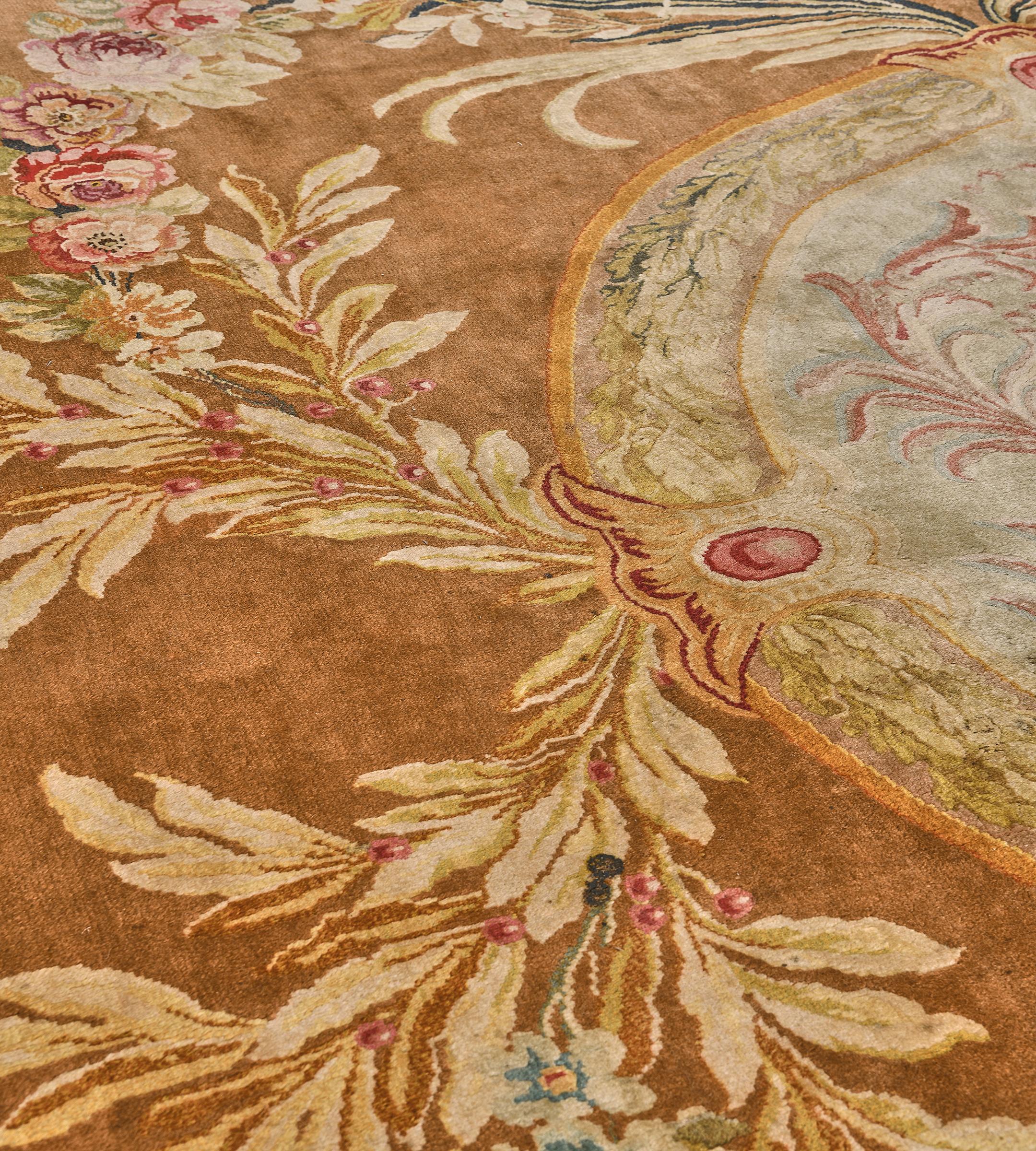 Hand-Knotted Antique Wool Handmade Floral Golden-Brown French Savonnerie Rug For Sale