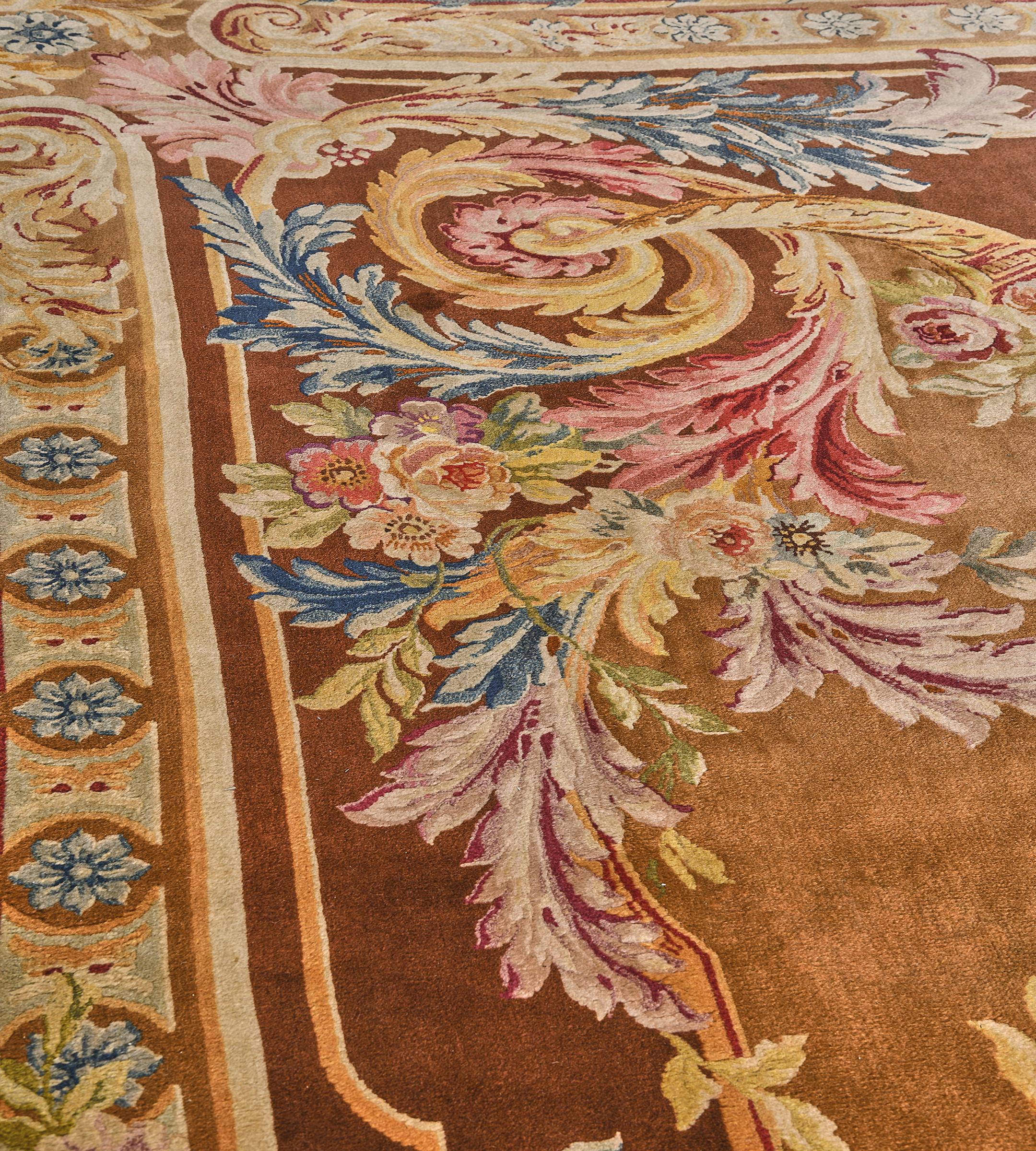 20th Century Antique Wool Handmade Floral Golden-Brown French Savonnerie Rug For Sale