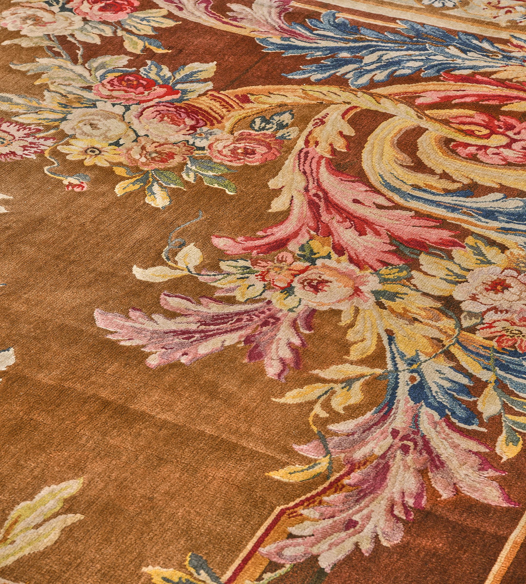 Antique Wool Handmade Floral Golden-Brown French Savonnerie Rug For Sale 1