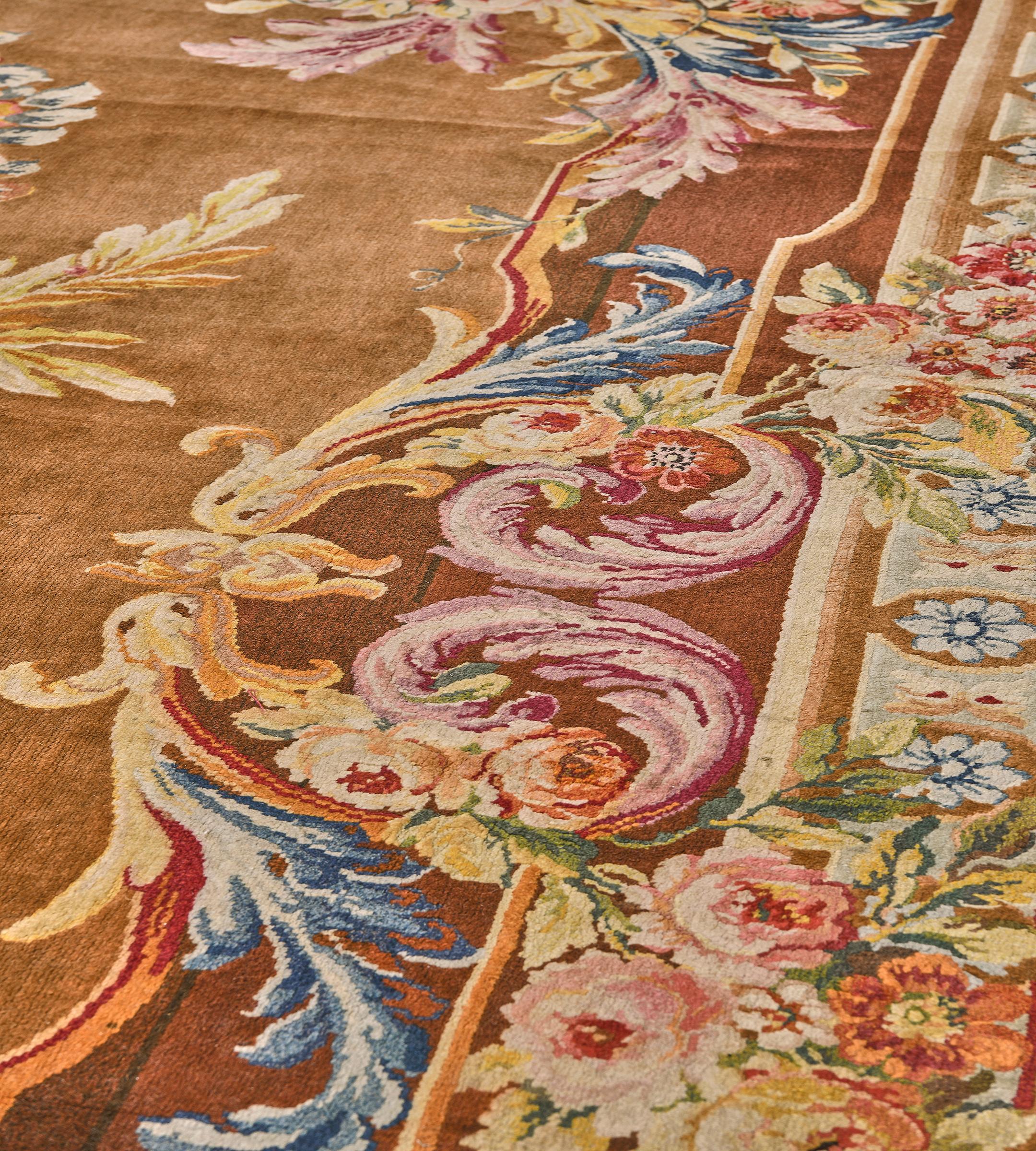 Antique Wool Handmade Floral Golden-Brown French Savonnerie Rug For Sale 2