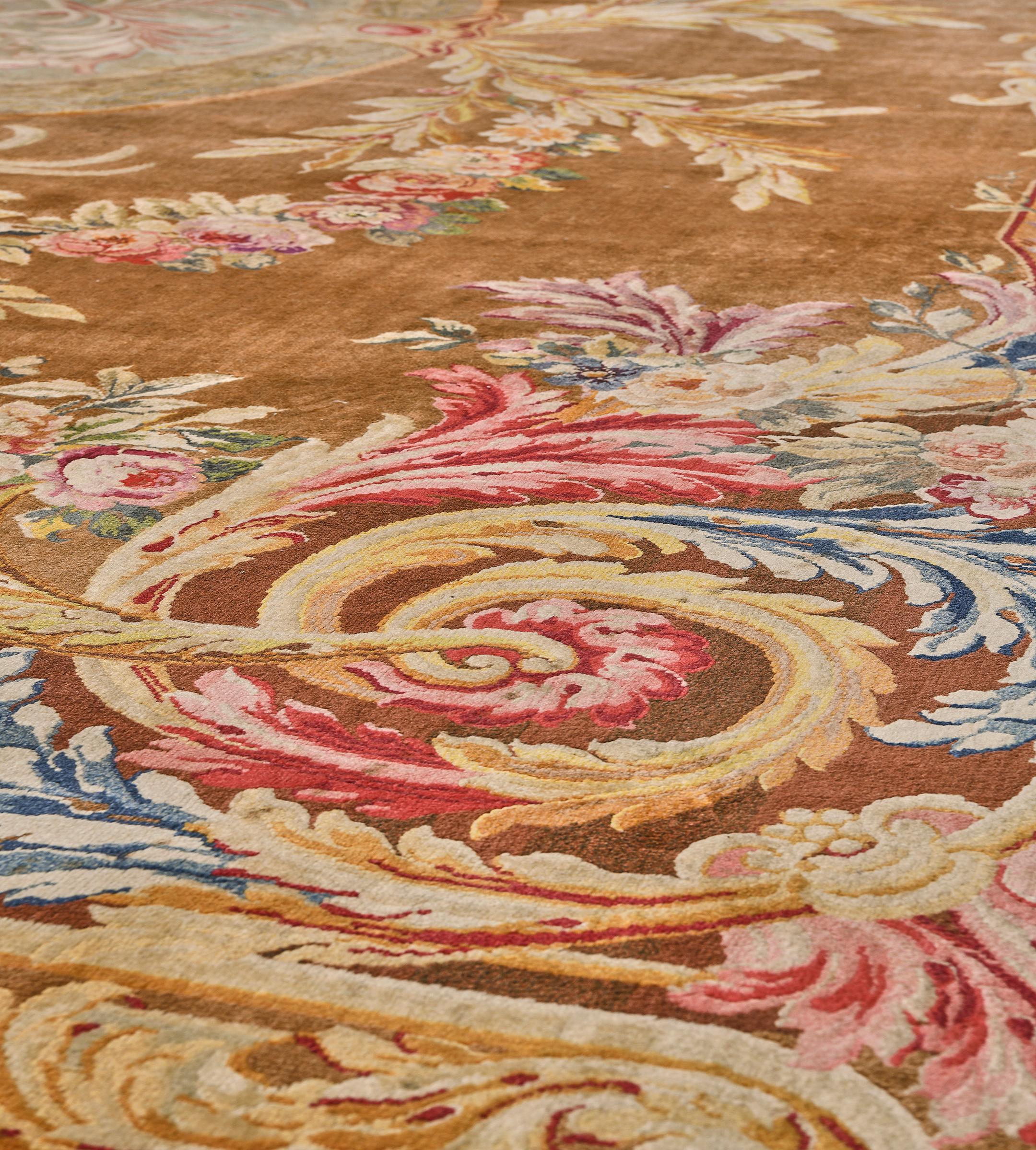Antique Wool Handmade Floral Golden-Brown French Savonnerie Rug For Sale 3