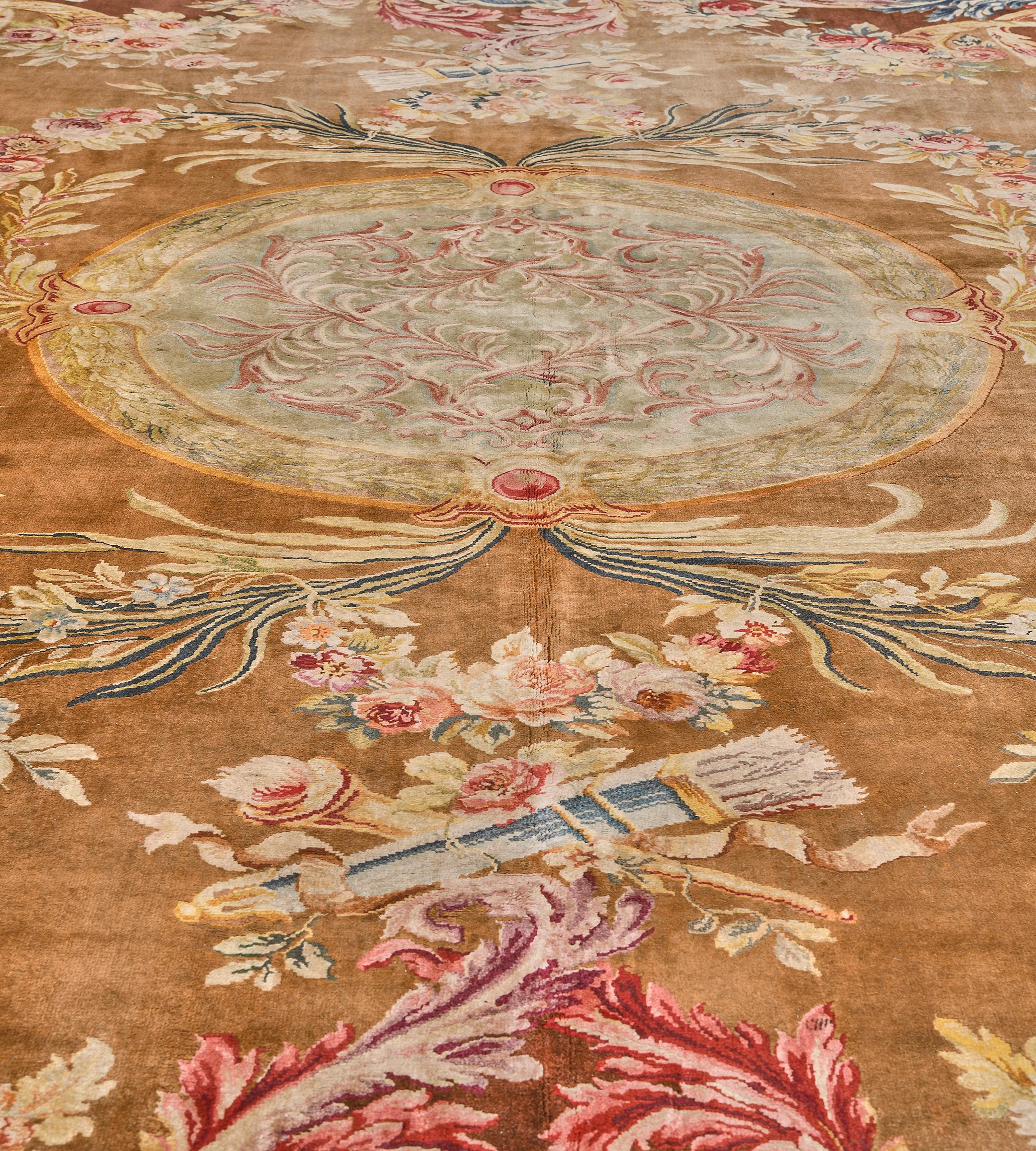 Antique Wool Handmade Floral Golden-Brown French Savonnerie Rug For Sale 4
