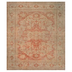 Tapis indien Agra en laine ancienne, ivoire, rouge tendre et fleuri