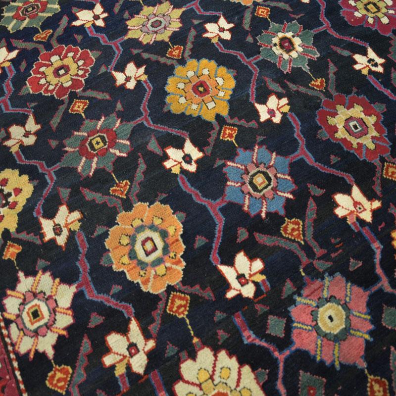 Caucasus carpet. Old Karabagh measuring 3.28 x 2.19 m. Circa 1830w
-Highlight the design of floral elements in the central field on a blue background
- Leaves, branches and flowers in various shades of color. The use of raspberry, green, orange and
