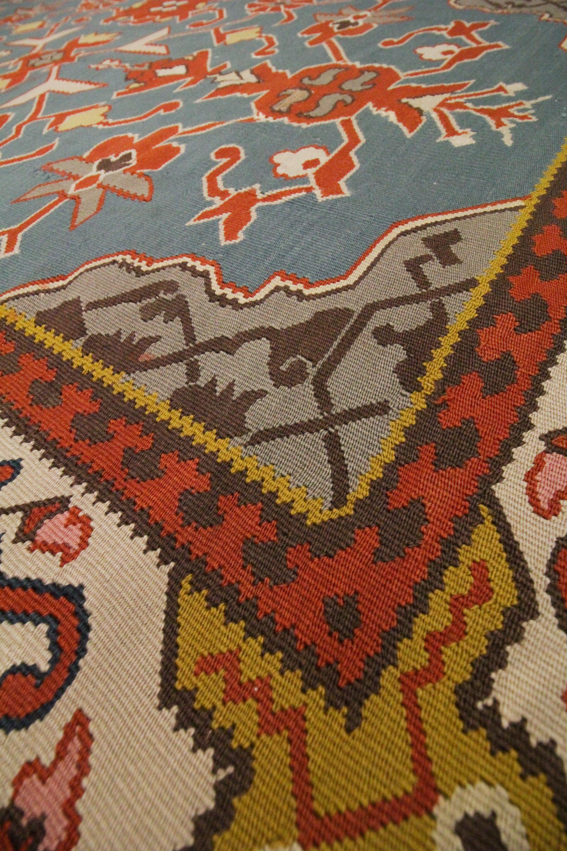 Antique Wool Kilim Rug Handmade Tribal Anatolian Pirot Turkish Carpet For Sale 1