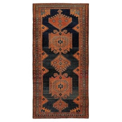 Antiker Läufer aus Wolle Malayer in tiefem Indigo und Bernstein, Anfang 20.