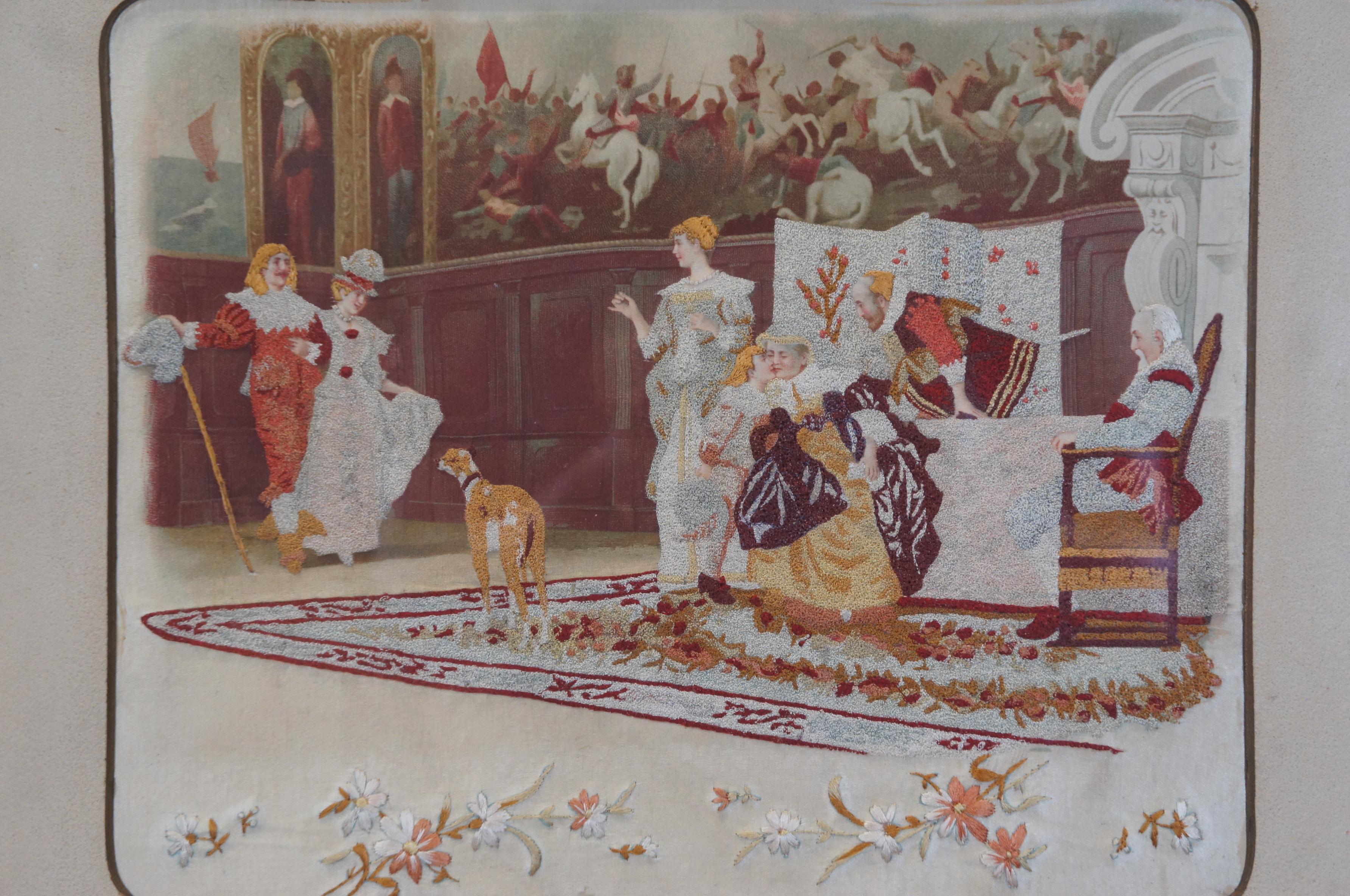 Antiguo Punto de Aguja de Lana Bordado Escena de Nobles Europeos Impreso sobre Seda 21