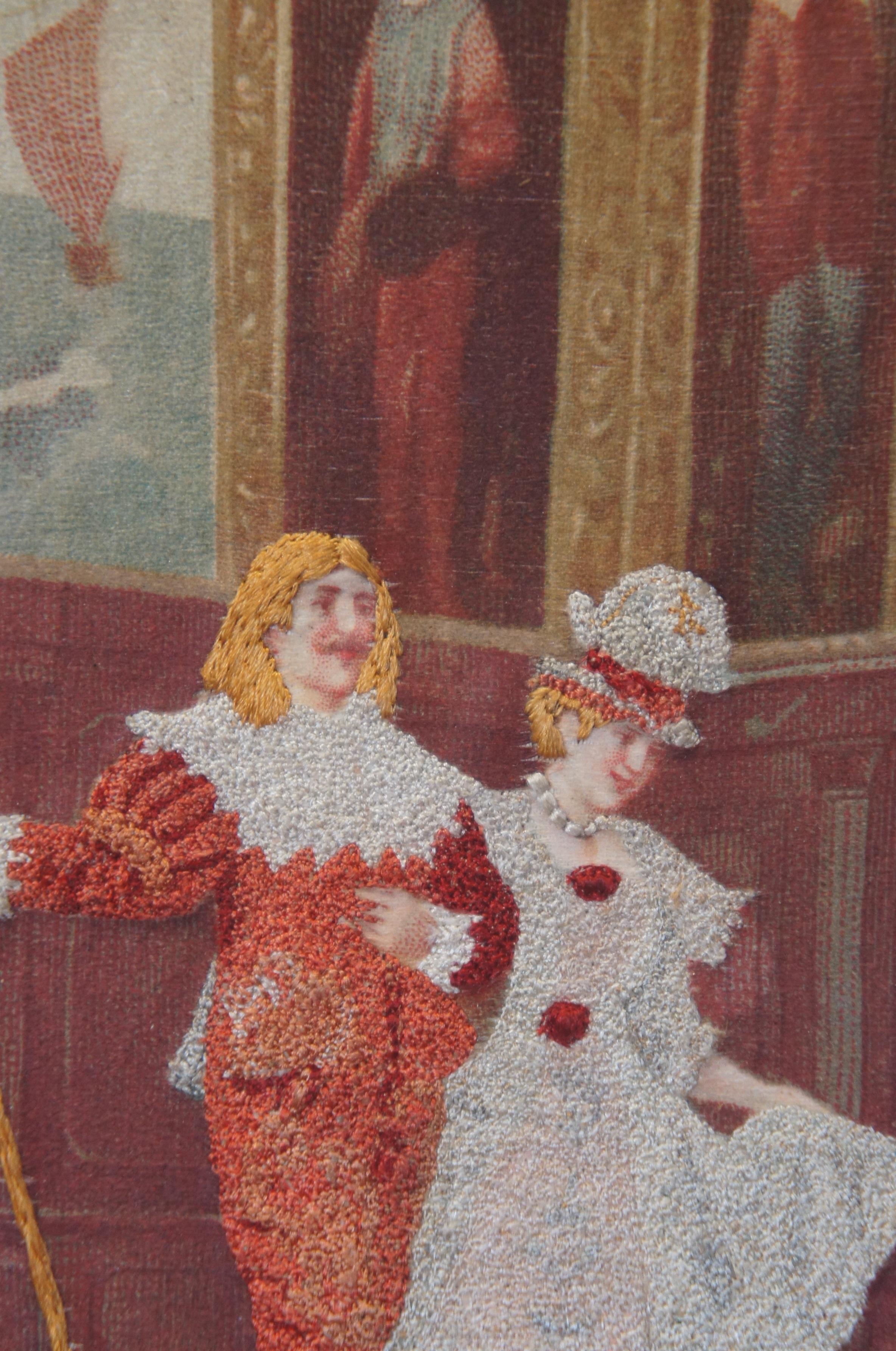 Antiguo Punto de Aguja de Lana Bordado Escena de Nobles Europeos Impreso sobre Seda 21
