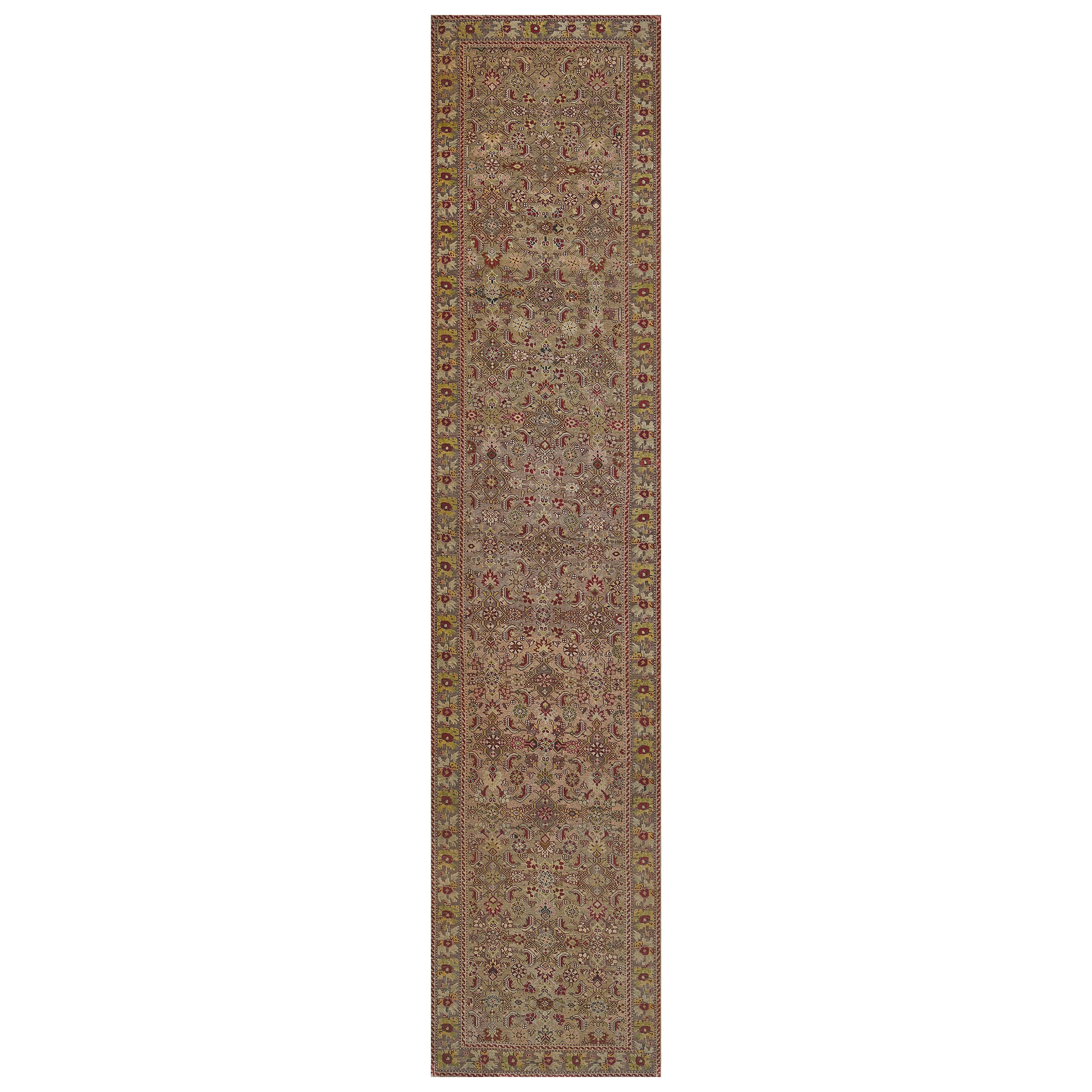 Antique Wool Pistacio-Green Floral Herati-Pattern Karabagh Runner