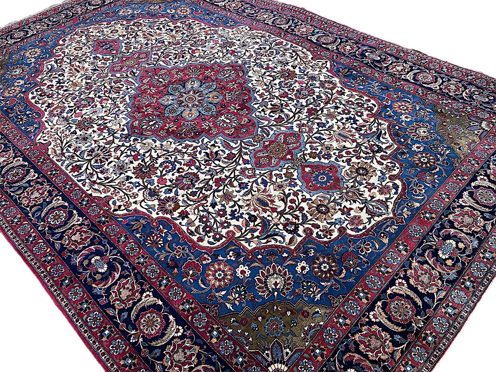 Early 20th Century Antique Wool & Silk Isfahan Carpet 3.43m x 2.33m For Sale