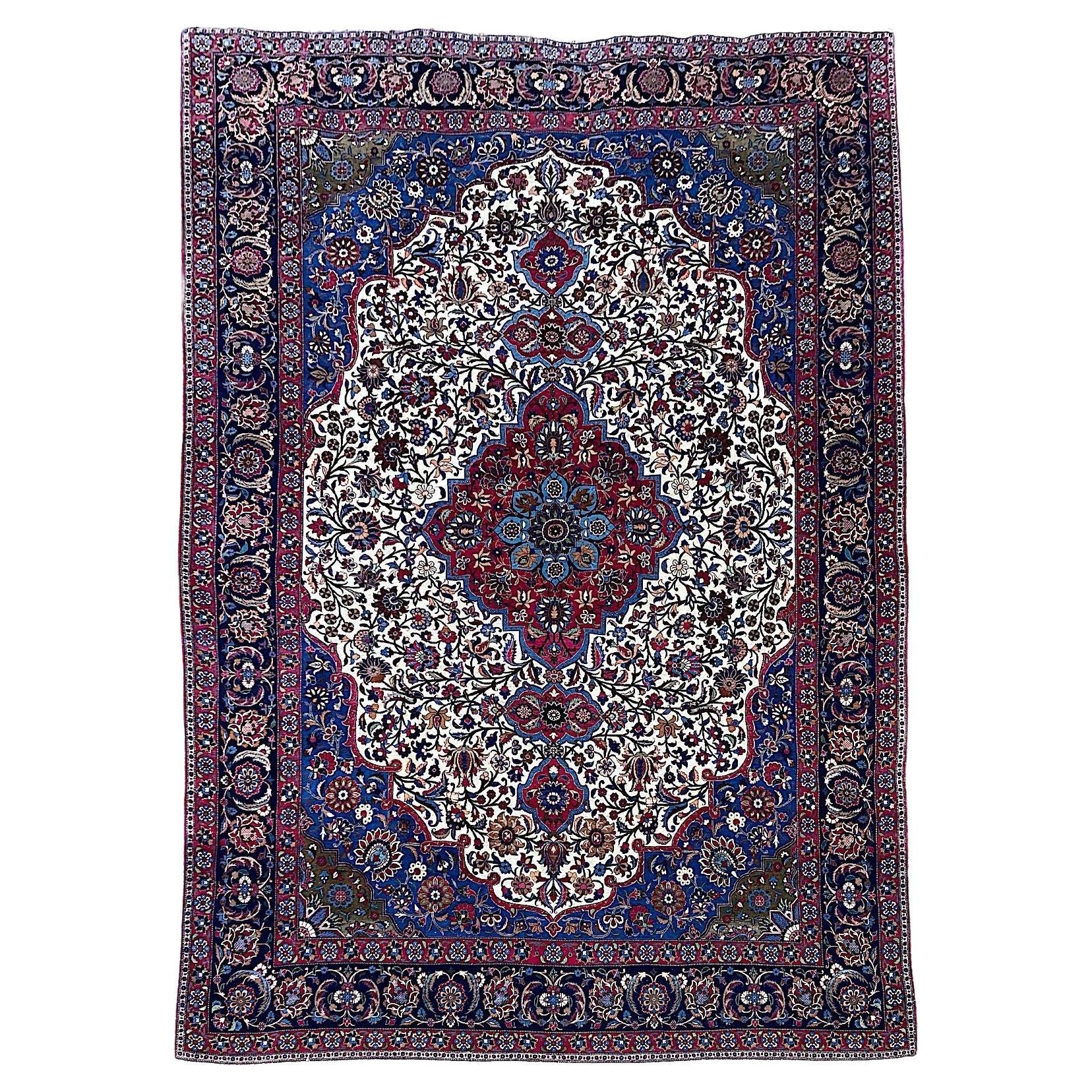 Antique Wool & Silk Isfahan Carpet 3.43m x 2.33m For Sale
