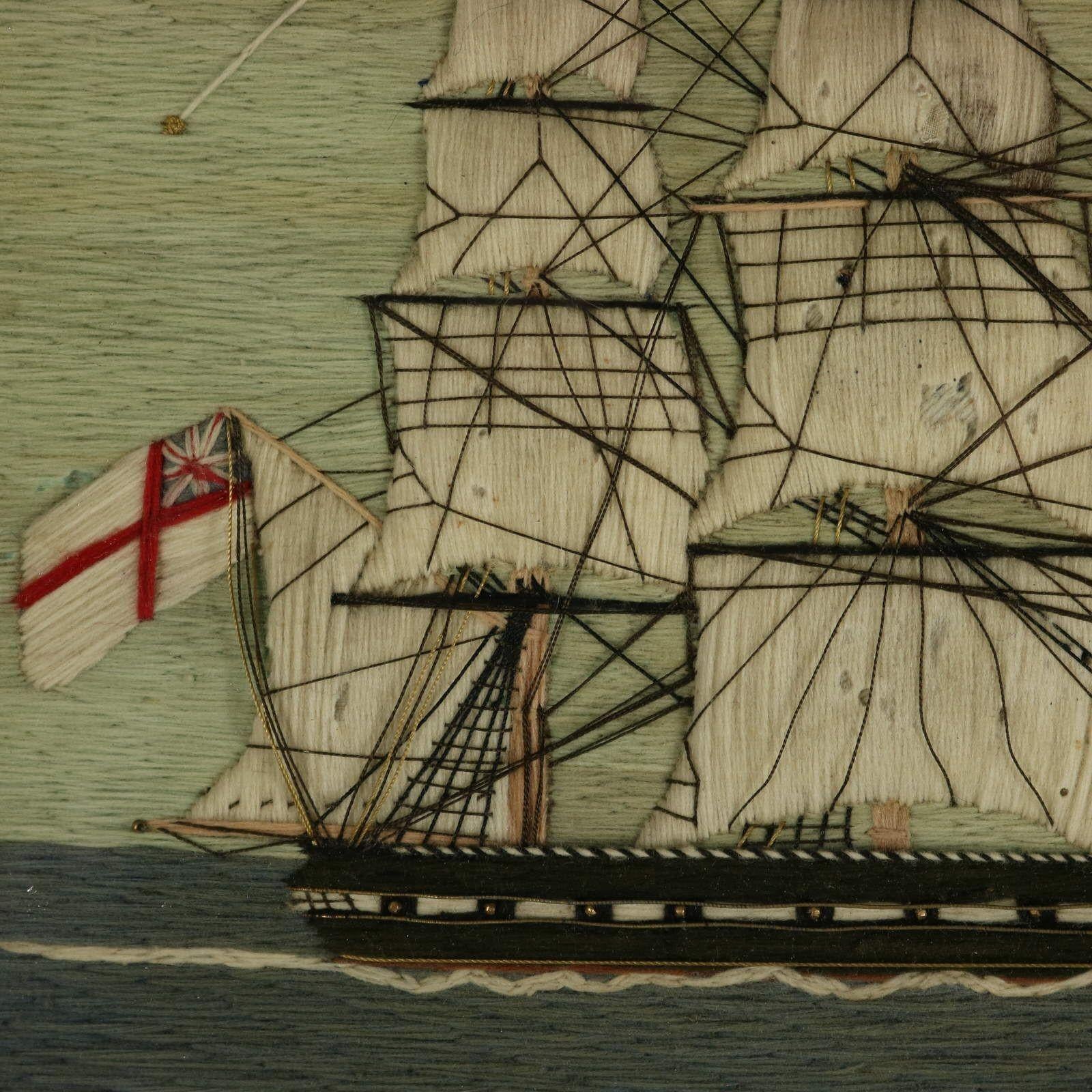 Late 19th Century Antique Woolie Sailor's Woolwork Embroidery of a Ship For Sale