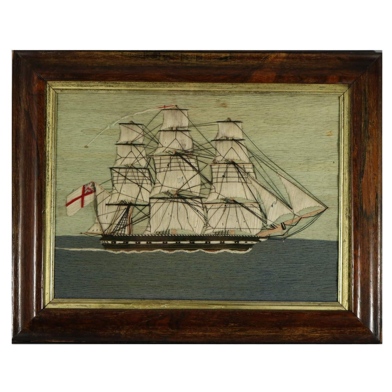 Antiguo bordado marinero de lana de un barco