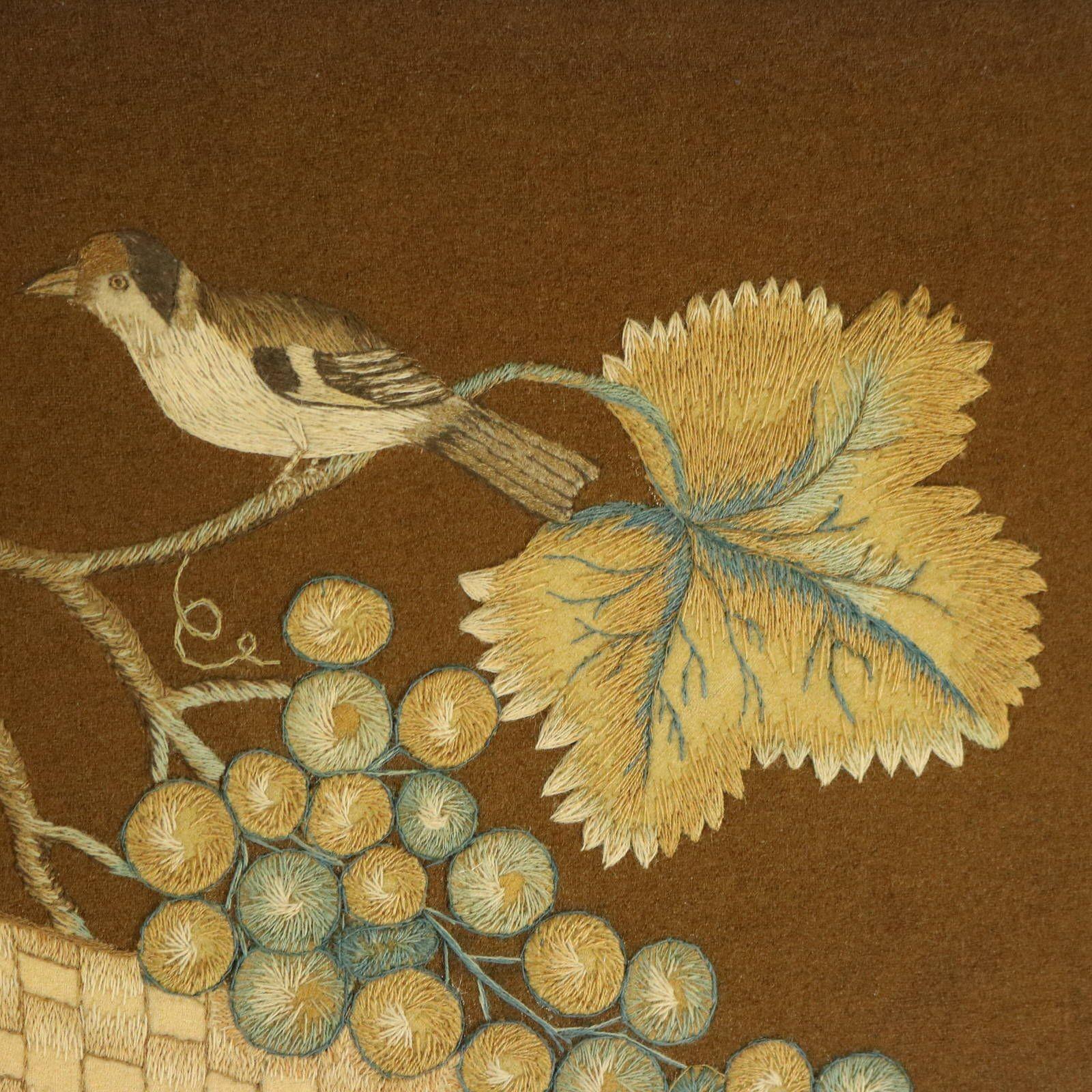Antique Woolwork Embroidery with Fruit Basket and Bird In Good Condition For Sale In Chelmsford, Essex