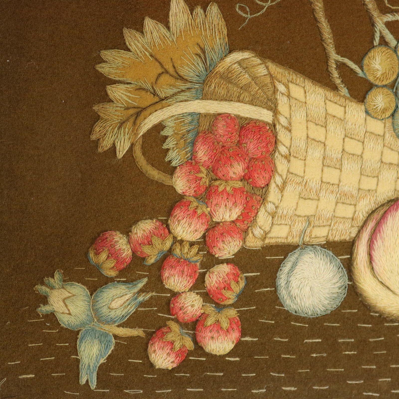 19th Century Antique Woolwork Embroidery with Fruit Basket and Bird For Sale