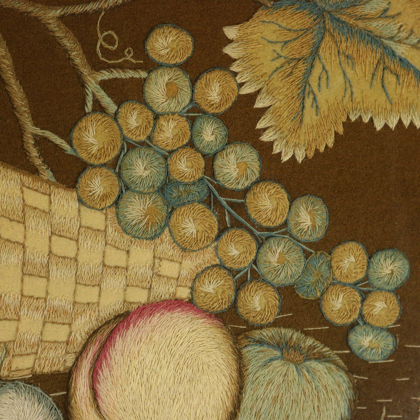 Antique Woolwork Embroidery with Fruit Basket and Bird For Sale 1