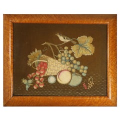 Antique Woolwork Embroidery with Fruit Basket and Bird