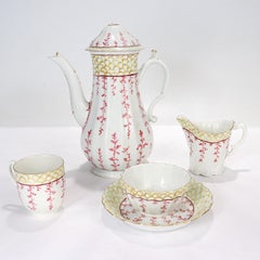 Antique Worcester English Porcelain Pink Seaweed Partial Tea/Coffee Service, 18C