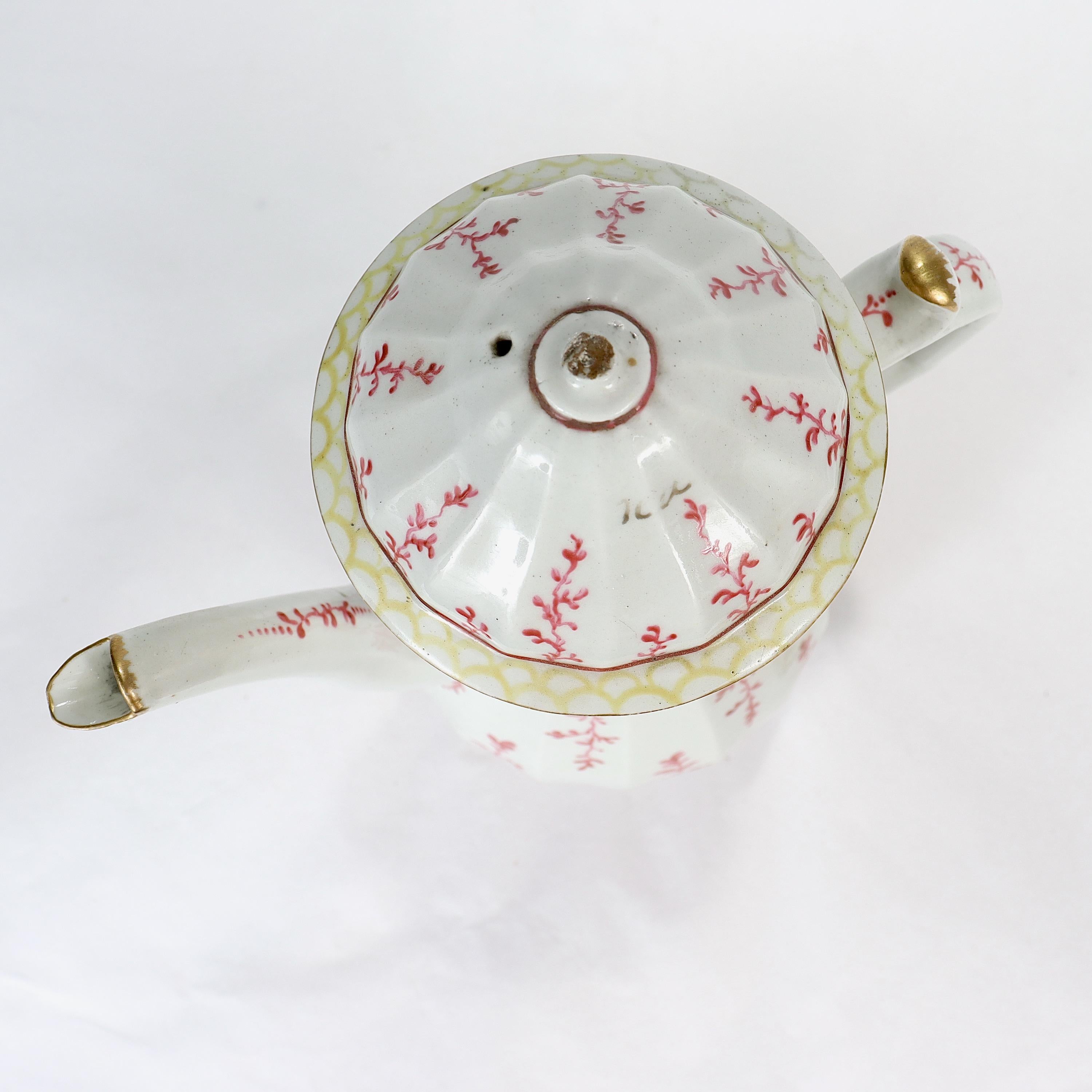Antique Worcester English Porcelain Pink Seaweed Partial Tea/Coffee Service, 18C In Fair Condition In Philadelphia, PA