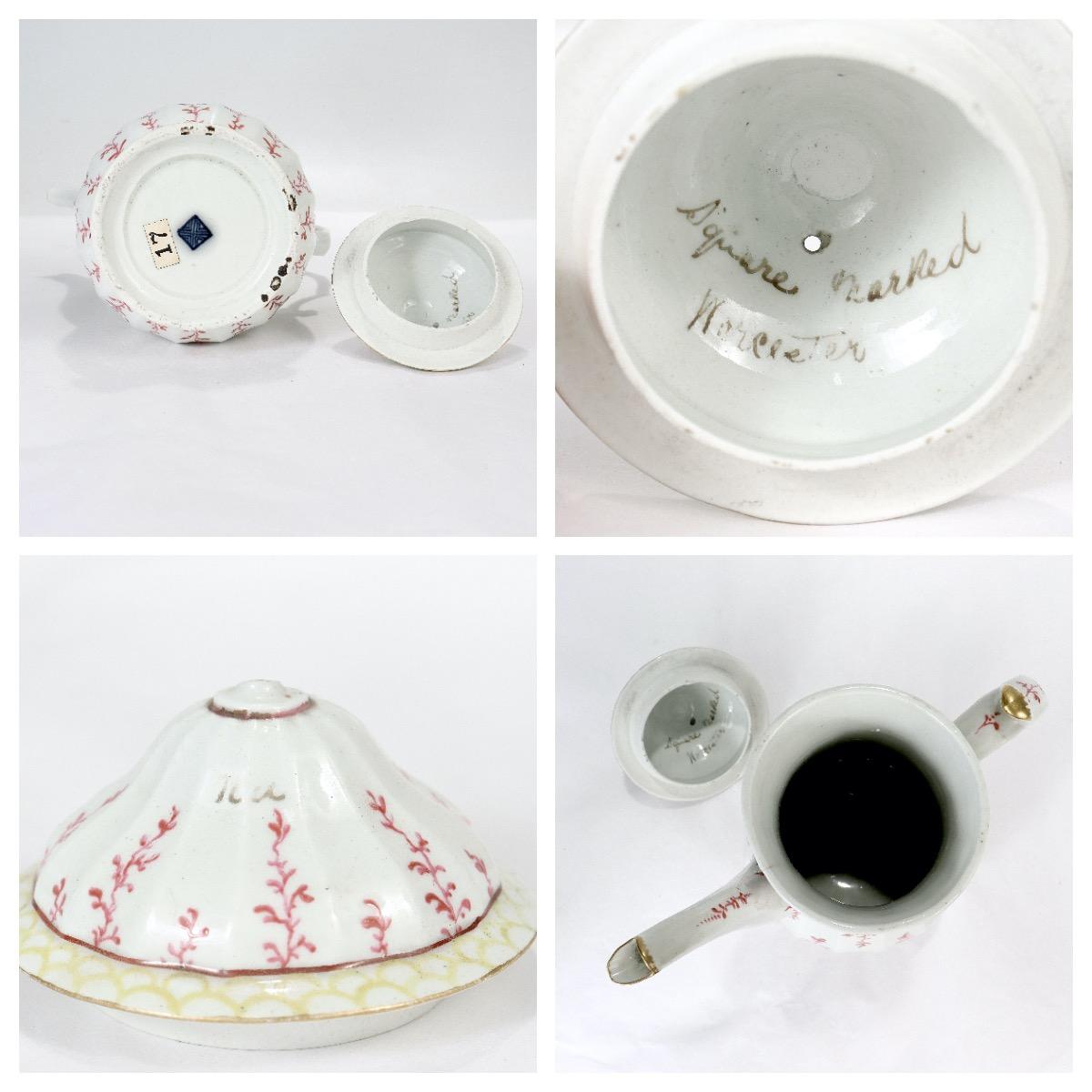 18th Century and Earlier Antique Worcester English Porcelain Pink Seaweed Partial Tea/Coffee Service, 18C