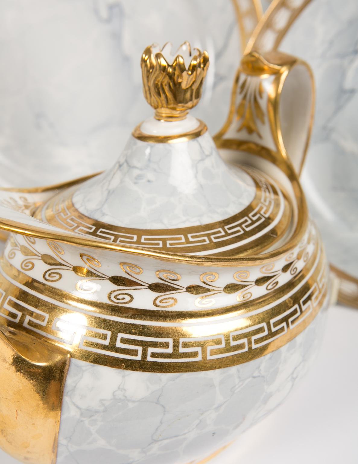 Porcelain Antique Worcester Marbled Grey Teapot with Part Tea Service